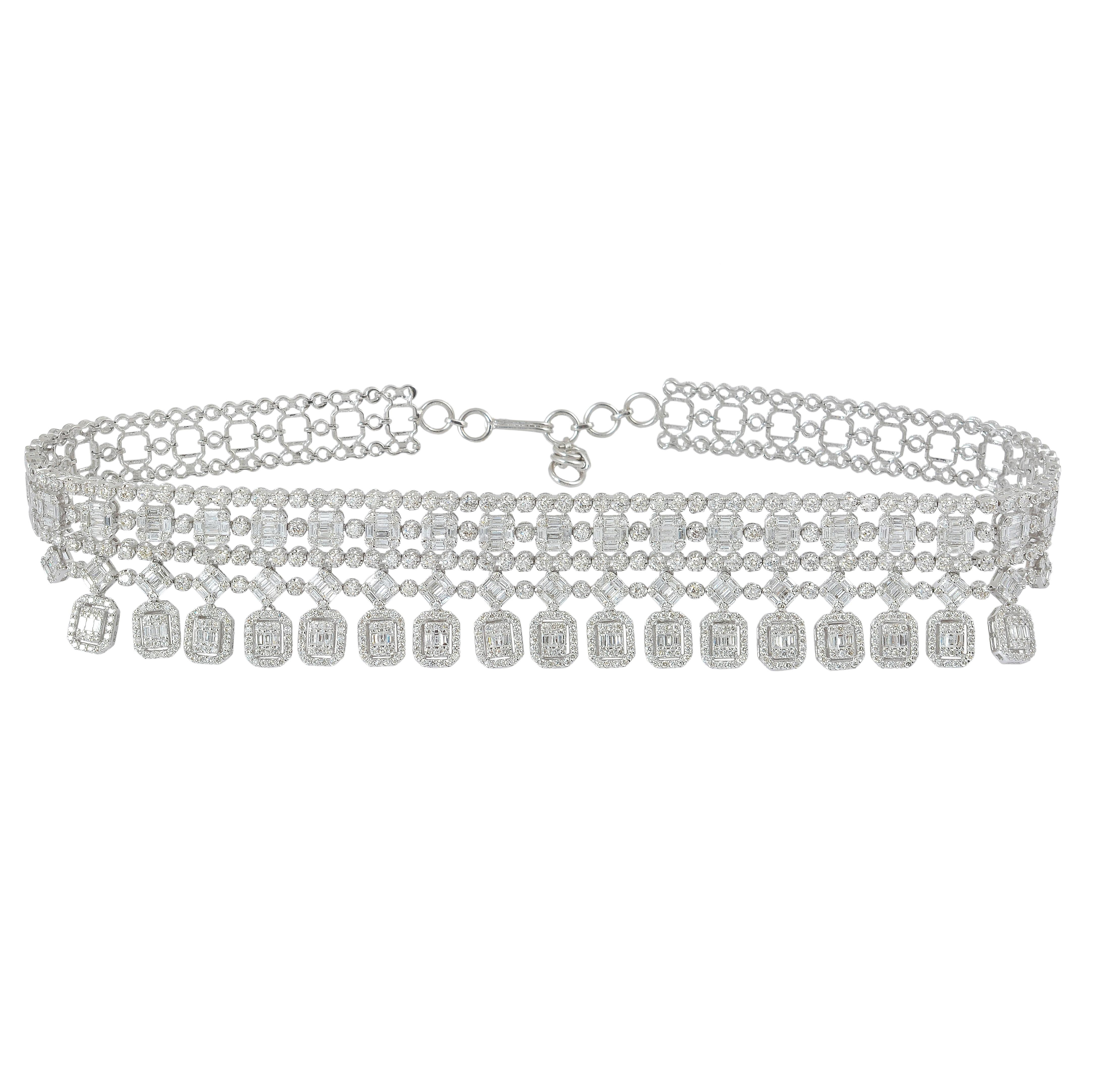 Modern 15.35 Carat SI/HI Baguette Diamond Choker 18 Karat White Gold Necklace Jewelry For Sale