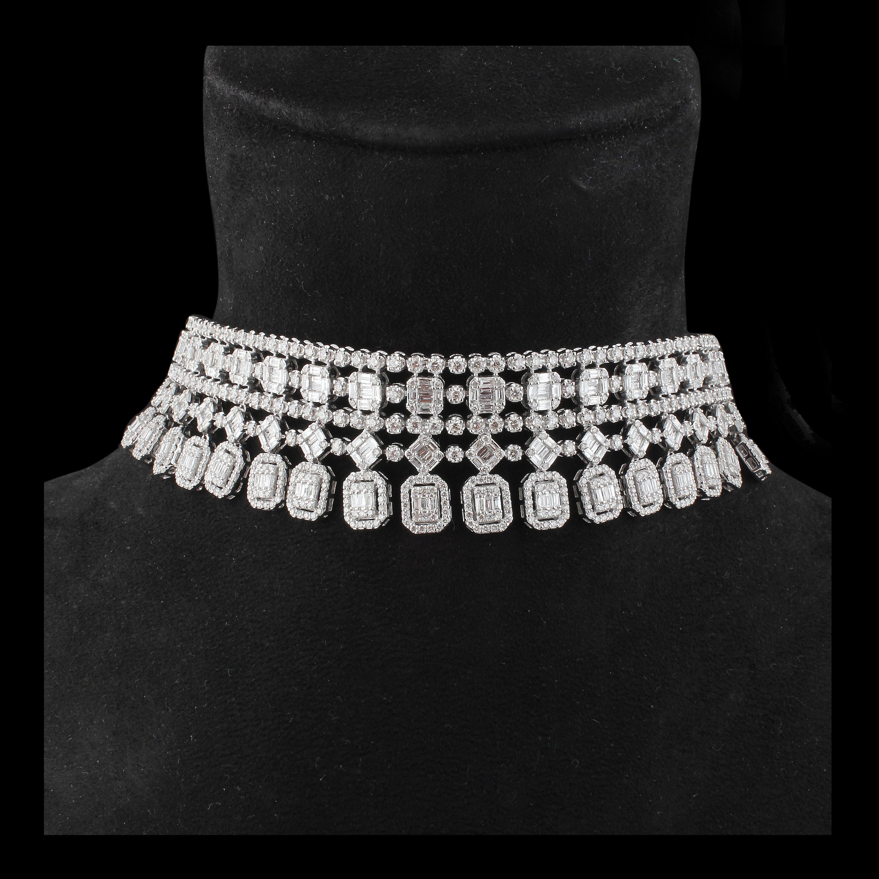 Baguette Cut 15.35 Carat SI/HI Baguette Diamond Choker 18 Karat White Gold Necklace Jewelry For Sale