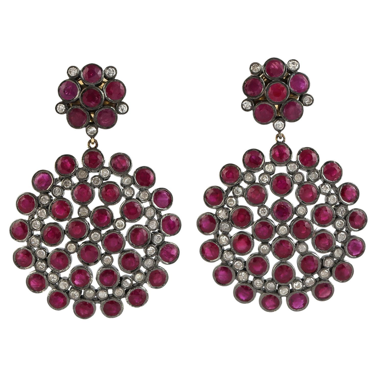 15.35 ct Ruby Dangle Earrings With Diamonds Made In 14K Gold & Silver For Sale