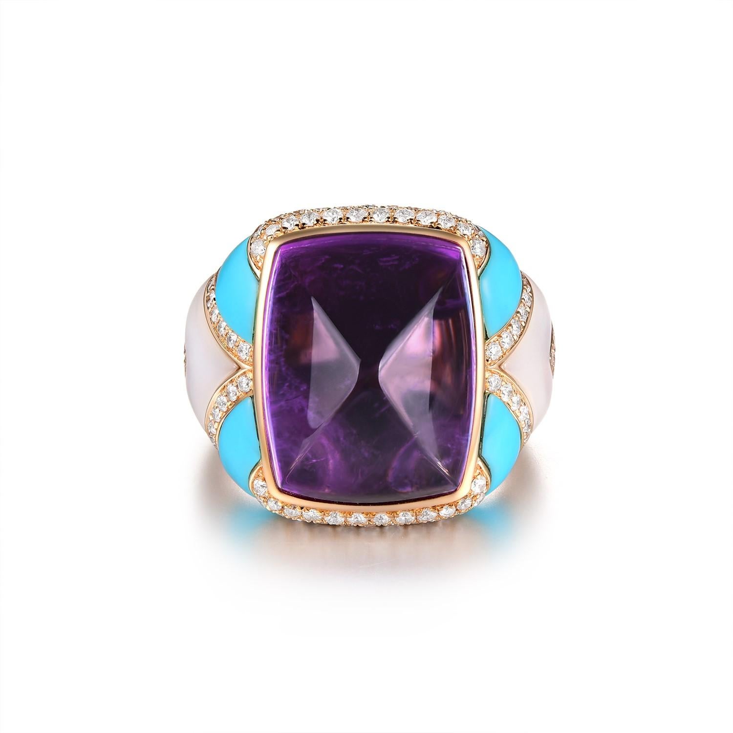 This ring features an cushion cabochon amethyst weight 15.36 carat, surrounded by a diamond weight 0.80 carat. The diamond is surrounded by turquoise. The ring is set in 14 karat yellow gold. 

The Ring size US 7
Resizing is available 
Amethyst
