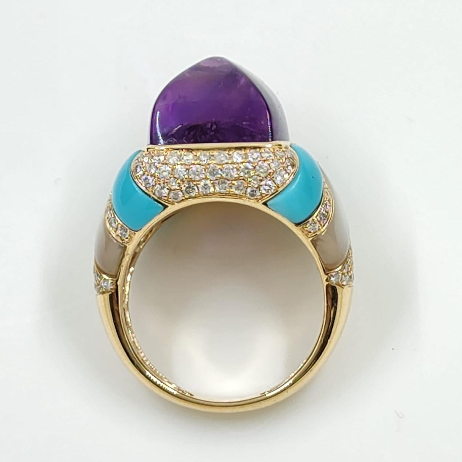 Contemporary 15.36 Carat Amethyst Diamond Turquoise Cocktail Ring in 14 Karat Yellow Gold For Sale