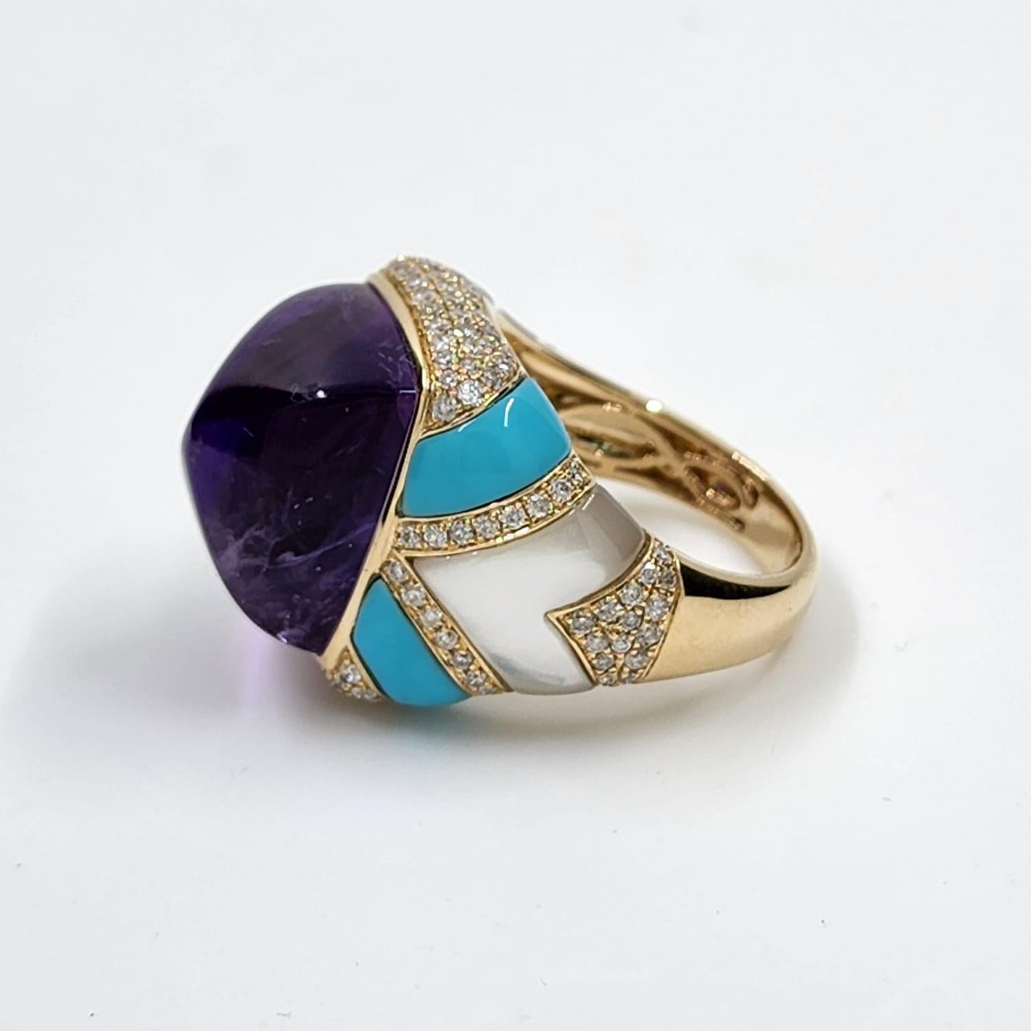 Cabochon 15.36 Carat Amethyst Diamond Turquoise Cocktail Ring in 14 Karat Yellow Gold For Sale