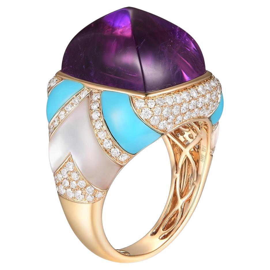 15.36 Carat Amethyst Diamond Turquoise Cocktail Ring in 14 Karat Yellow Gold For Sale