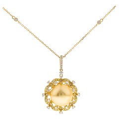 15.36 Carat Round Cab South Sea Pearl with Diamond Accents 18KY Gold Pendant