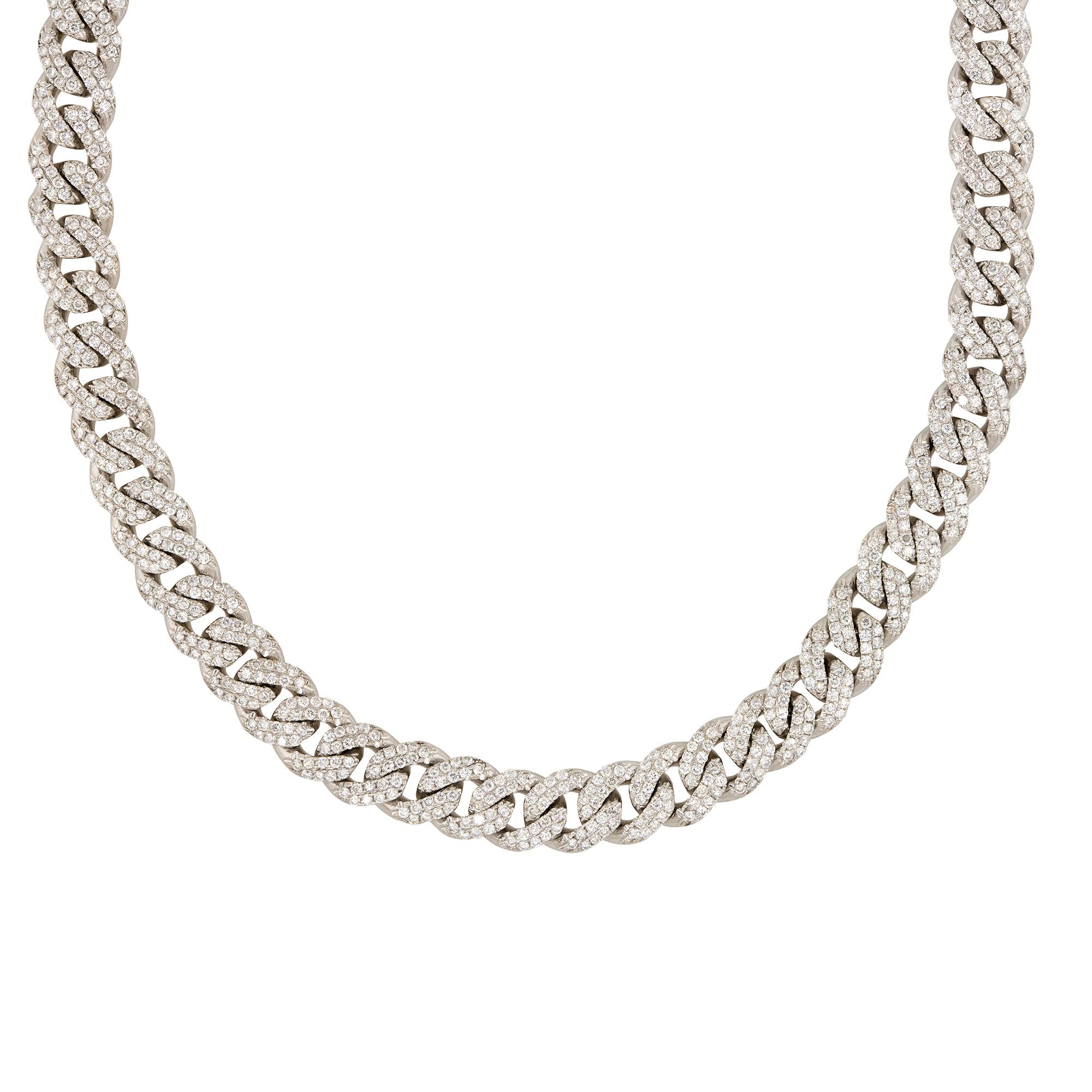 Women's 15.37 Carat Pave Diamond Cuban Link Chain Necklace 14 Karat In Stock For Sale