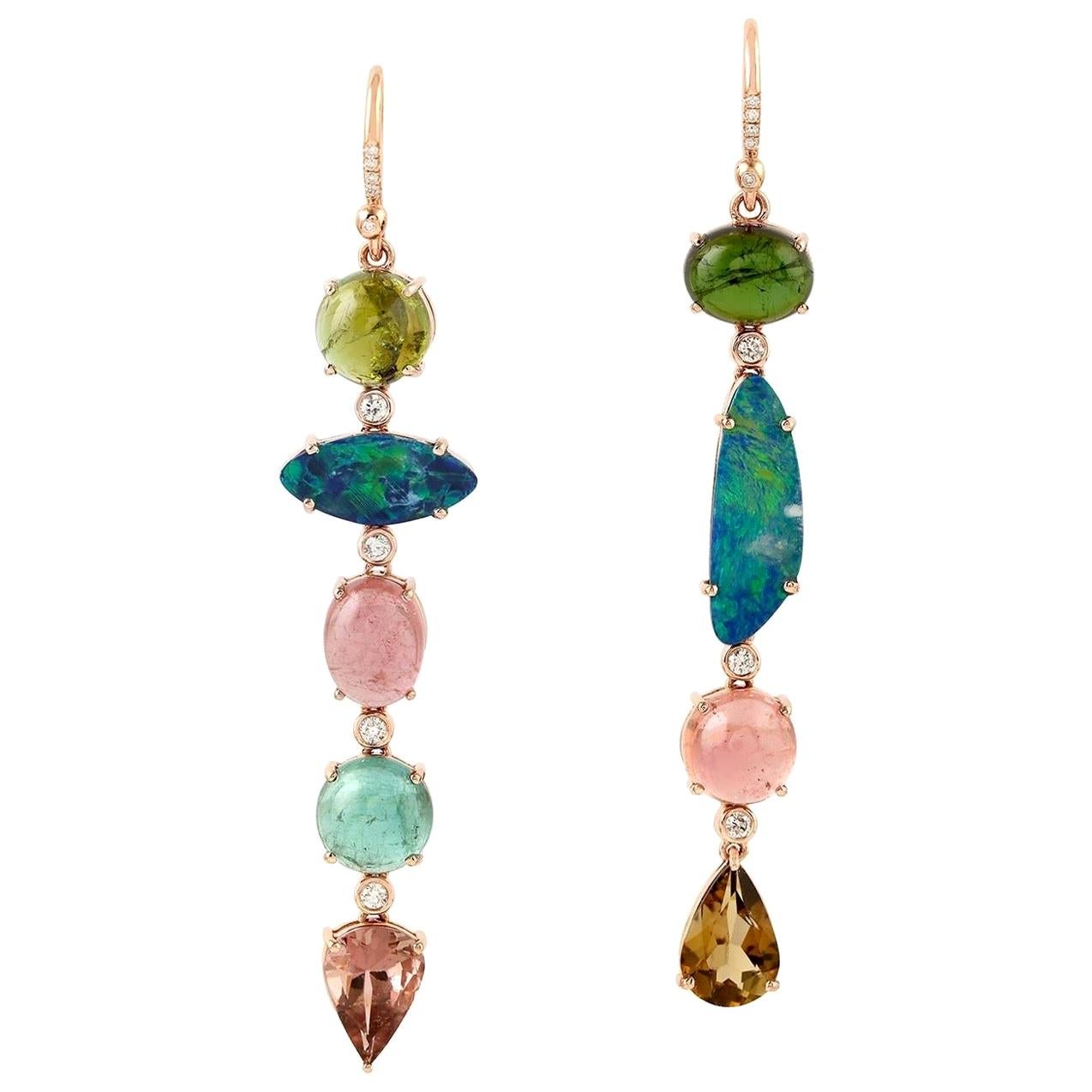 15.37 Carat Tourmaline Opal Diamond 18 Karat Gold Linear Earrings