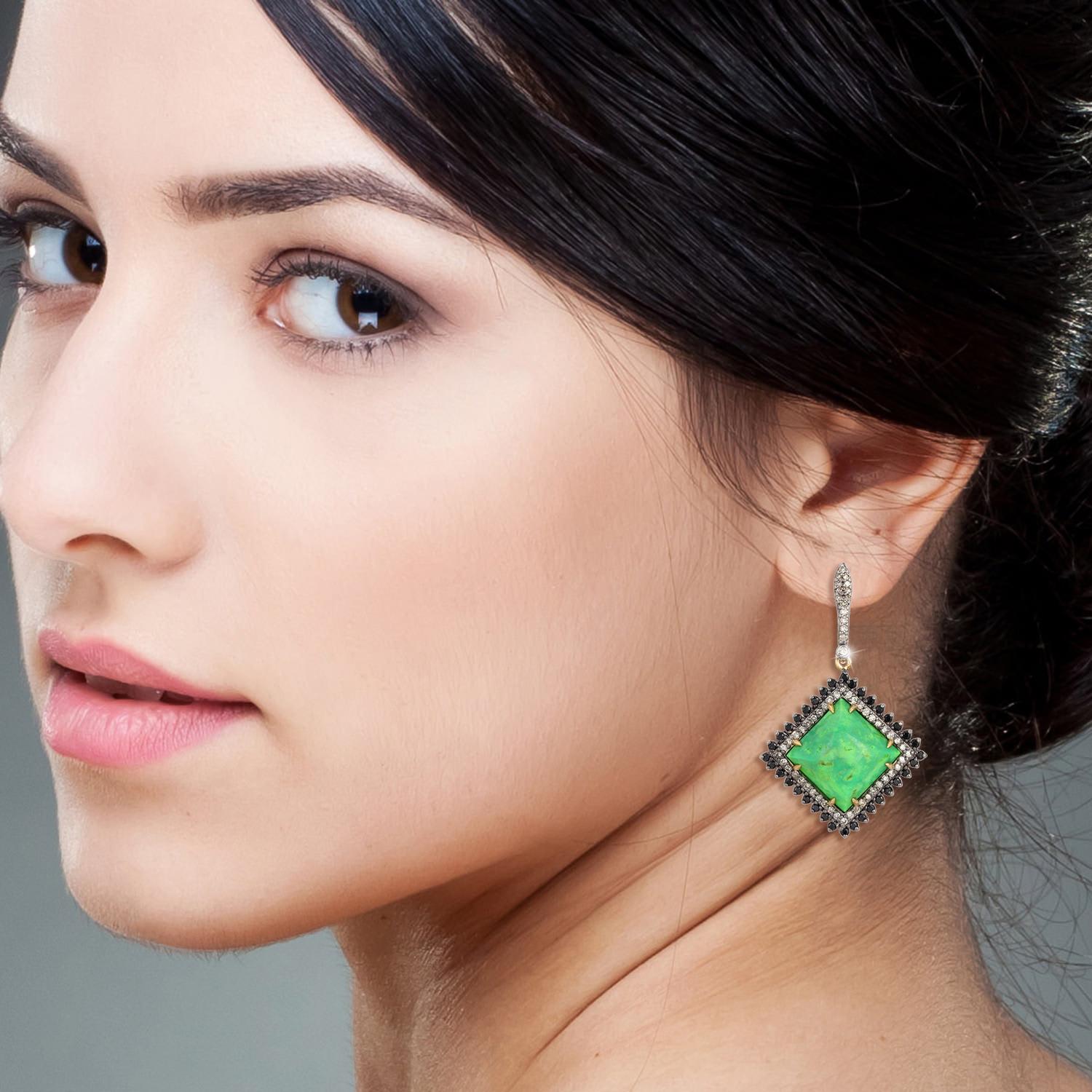 Artisan 15.37 Carat Turquoise Diamond Earrings For Sale