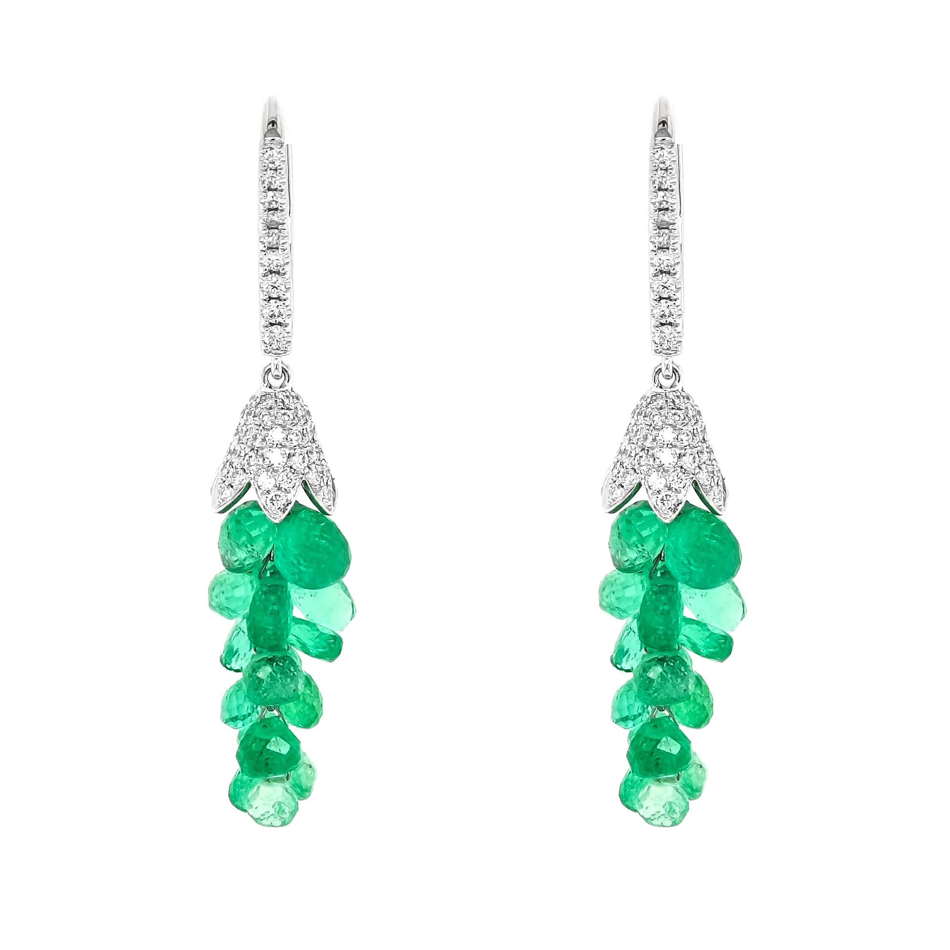Tumbled 15.37 Carats Emerald and White Diamond White Gold Earrings For Sale