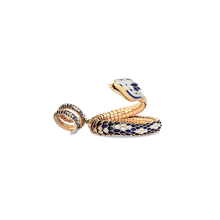 153.84gr Flexible Snake Diamond RingBracelet with Blue Enamel in 18kt Rose Gold For Sale at 1stDibs