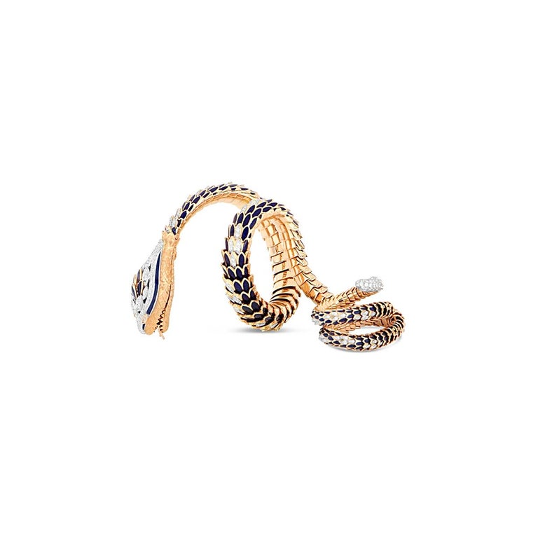 153.84gr Flexible Snake Diamond RingBracelet with Blue Enamel in 18kt Rose Gold For Sale at 1stDibs
