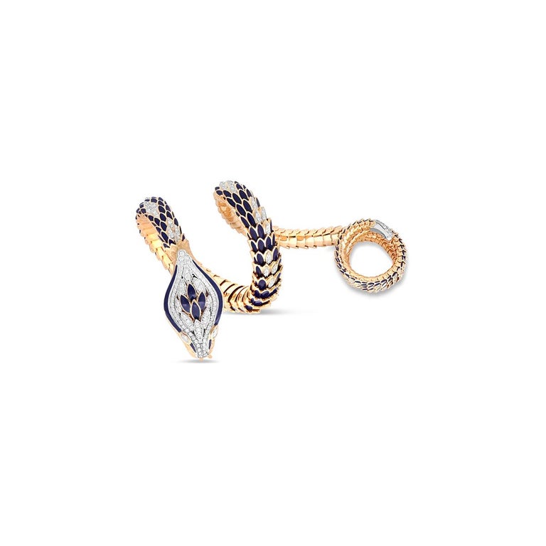 153.84gr Flexible Snake Diamond RingBracelet with Blue Enamel in 18kt Rose Gold For Sale at 1stDibs