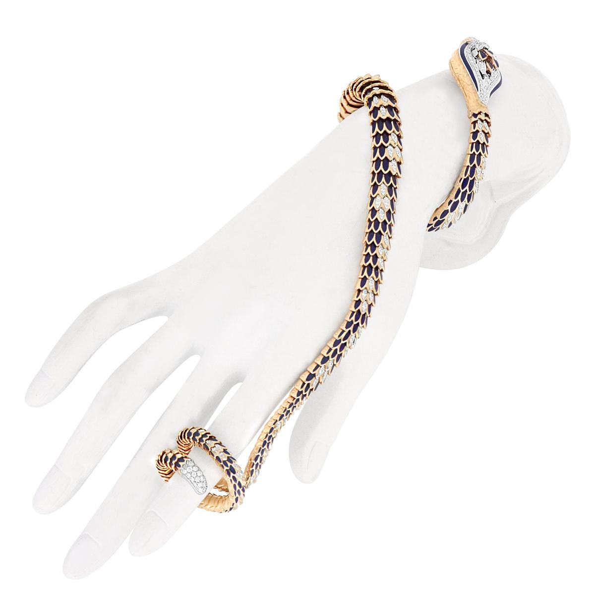 Artisan 153.84gr Flexible Snake Diamond Ring-Bracelet with Blue Enamel in 18kt Rose Gold For Sale