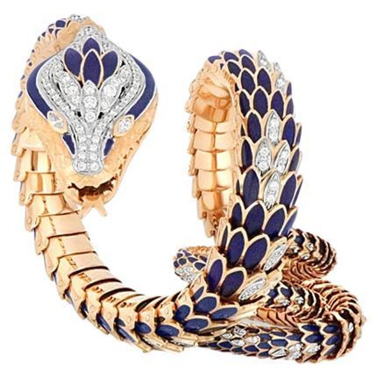 153.84gr Flexible Snake Diamond RingBracelet with Blue Enamel in 18kt Rose Gold For Sale at 1stDibs