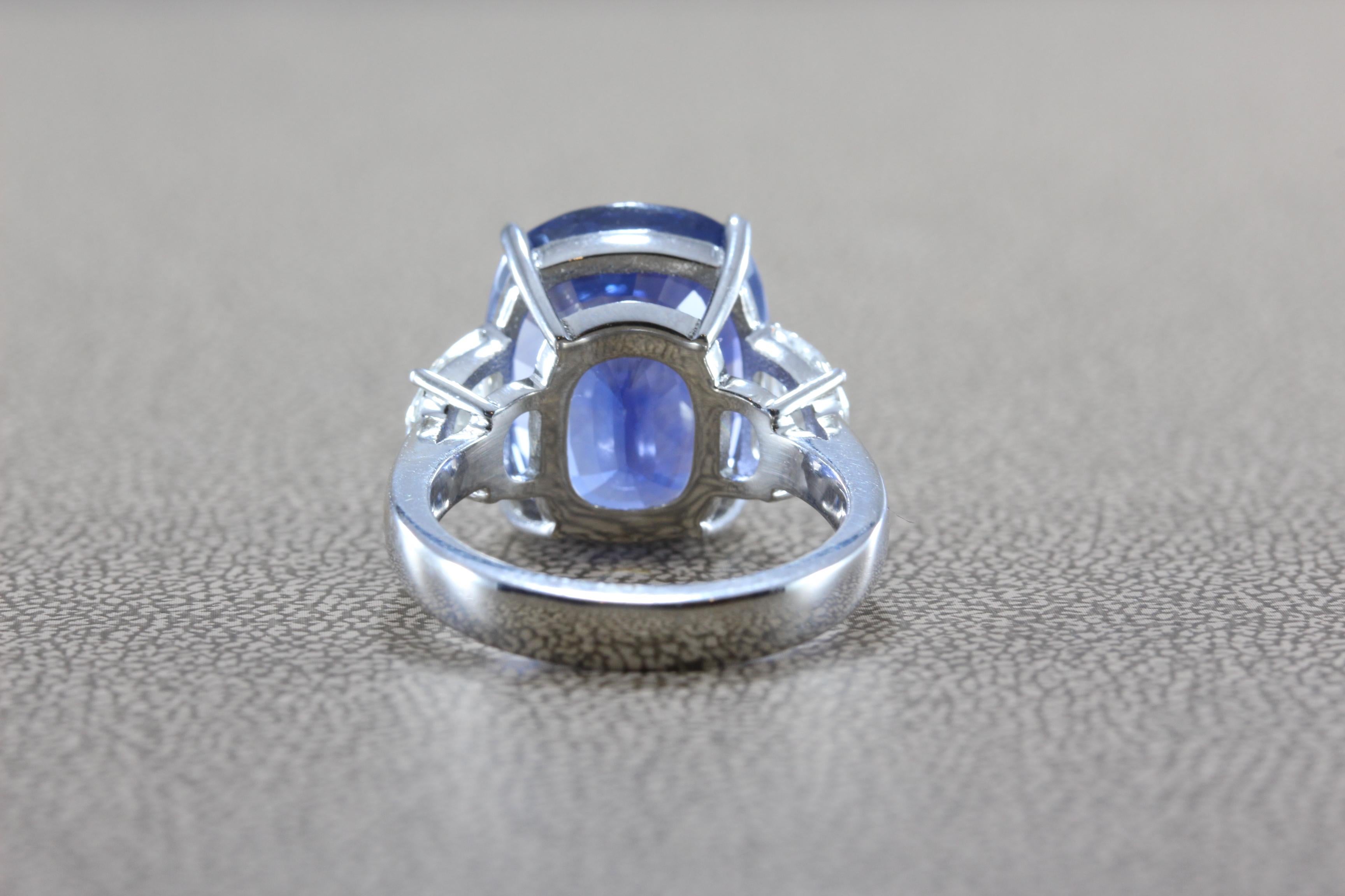 Women's 15.39 Carat Blue Sapphire Three-Stone Diamond Platinum Ring, GIA