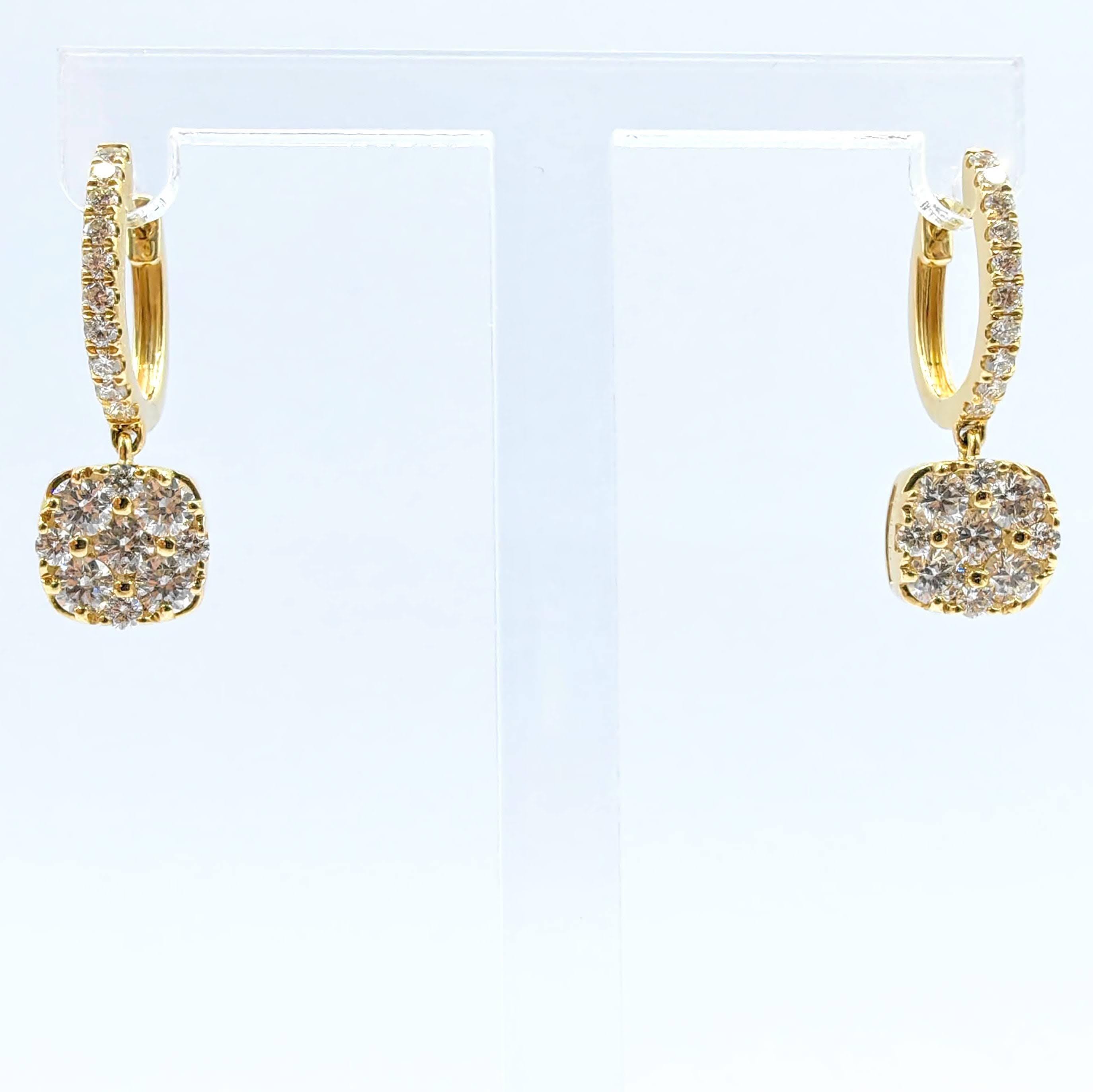 Drape yourself in timeless brilliance with these Cushion Cluster Illusion Diamond Drop Earrings, exquisitely crafted in glowing 18K yellow gold. Measuring approximately 0.98 inches (25.0mm) in total drop length, these earrings feature dazzling