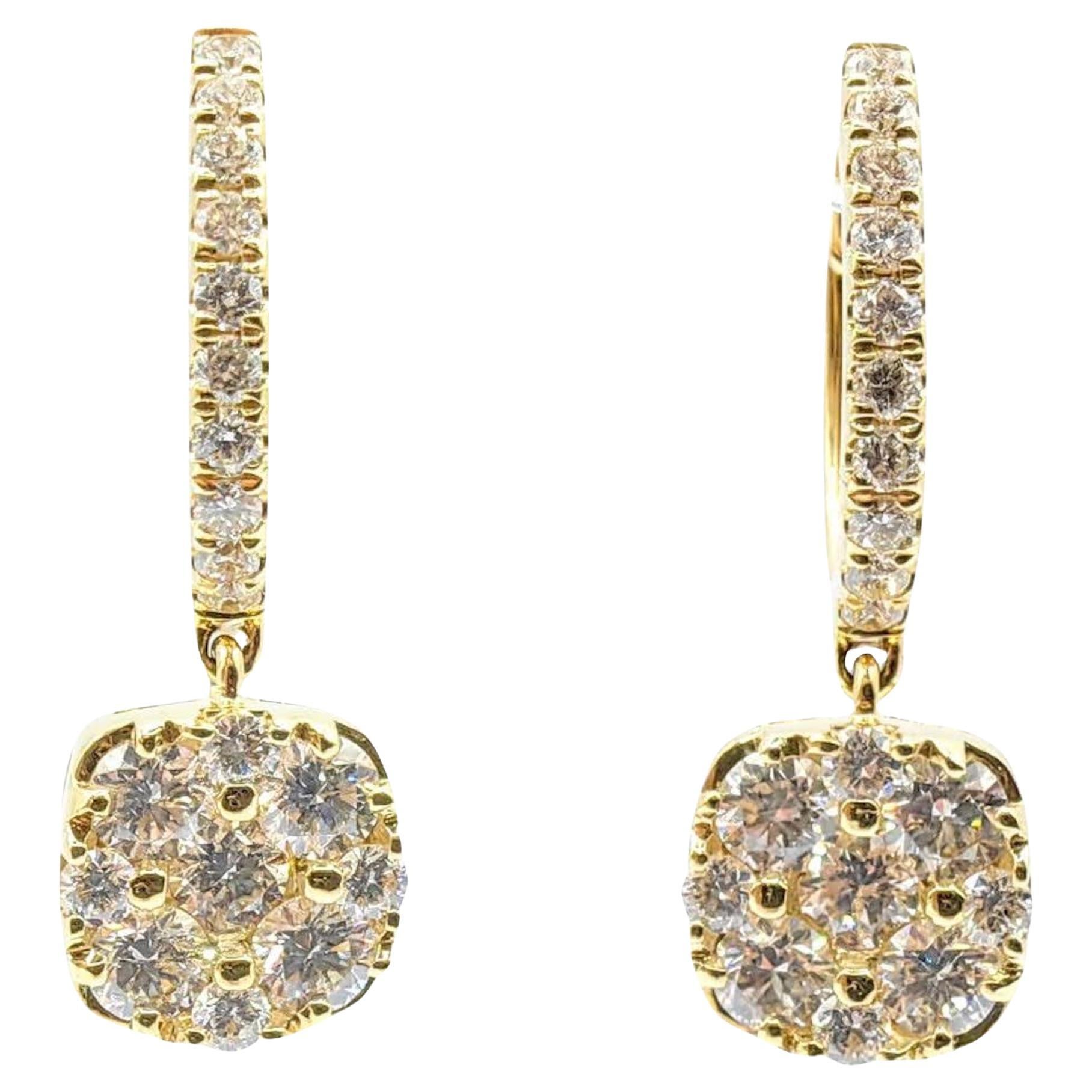 Bespoke Cushion Cluster Illusion Diamond Drop Earrings in 14K 18K Yellow Gold For Sale