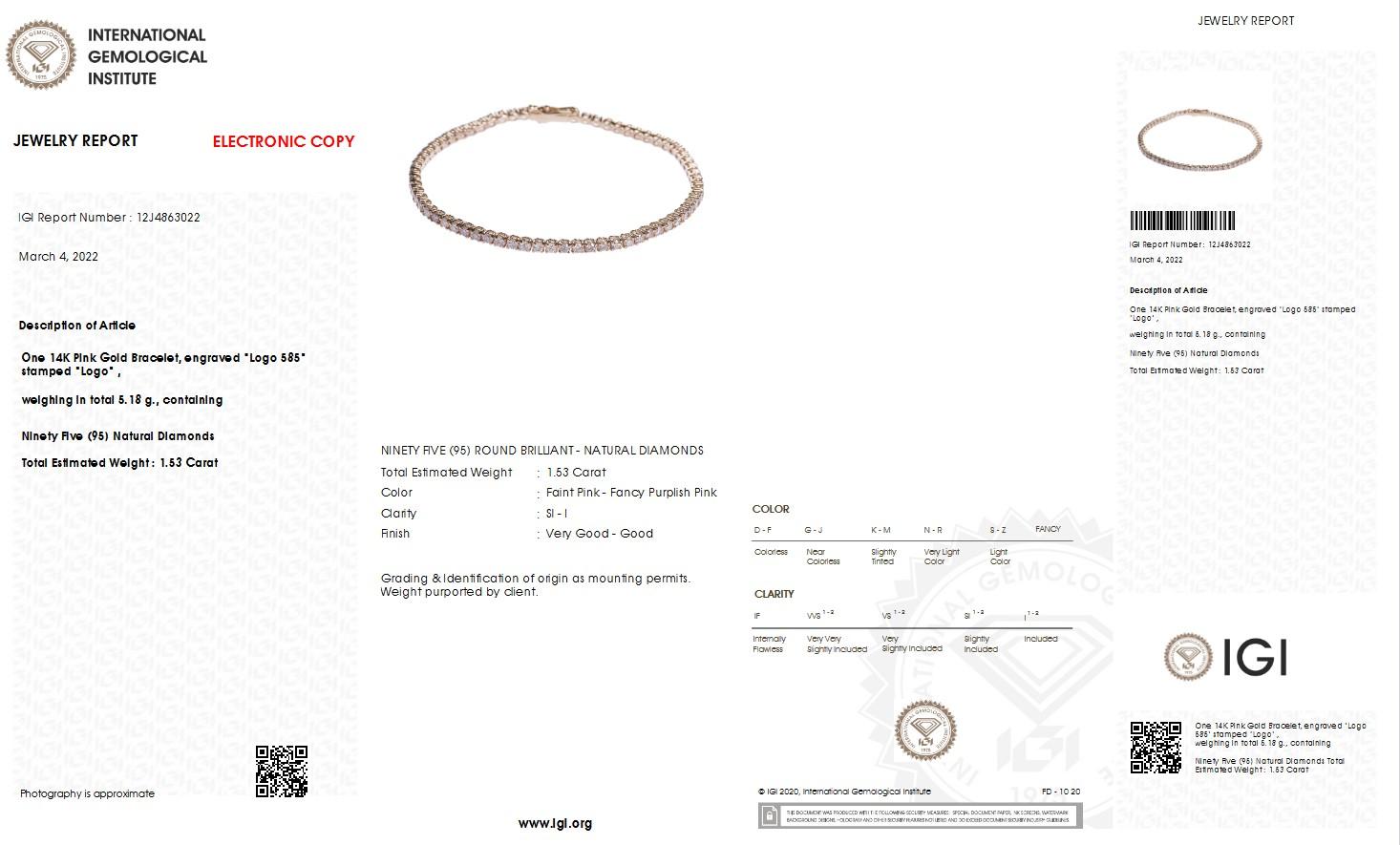 NO RESERVE IGI certified 1.53ct Round Pink Diamond 14k Rose Gold Tennis Bracelet 1