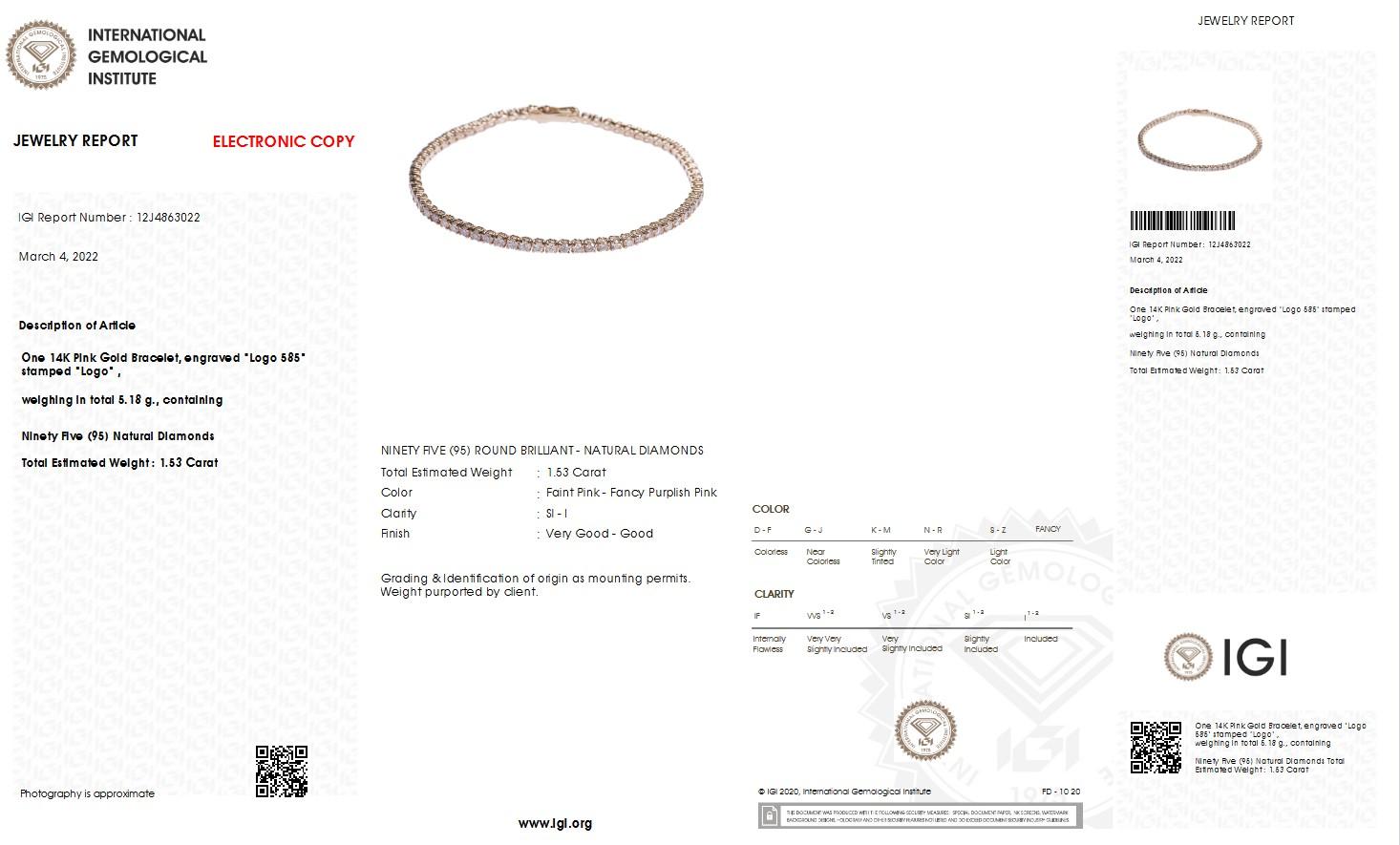 NO RESERVE IGI zertifiziert 1,53ct Runde Pink Diamond 14k Rose Gold Tennis-Armband 1