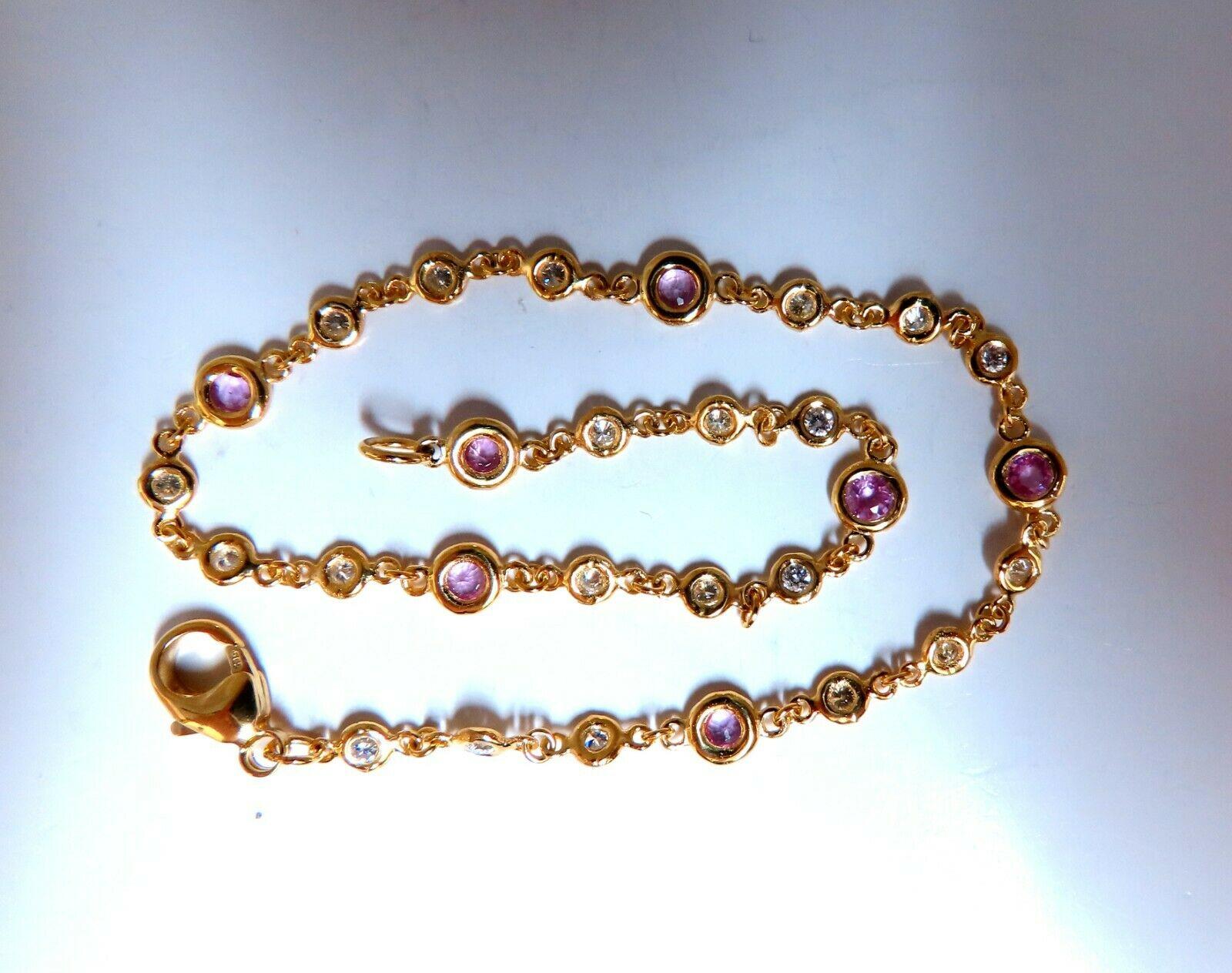 Pink Yard Link Bracelet

1ct. Natural Pink Sapphires

 & .53ct Diamonds bracelet.

Full Round cuts, great sparkle.

Clean Clarity & Transparent.

Vivid Pinks and Prime Saturation.

Round Brilliant Diamonds: G-color Vs-2 clarity.

Secure pressure