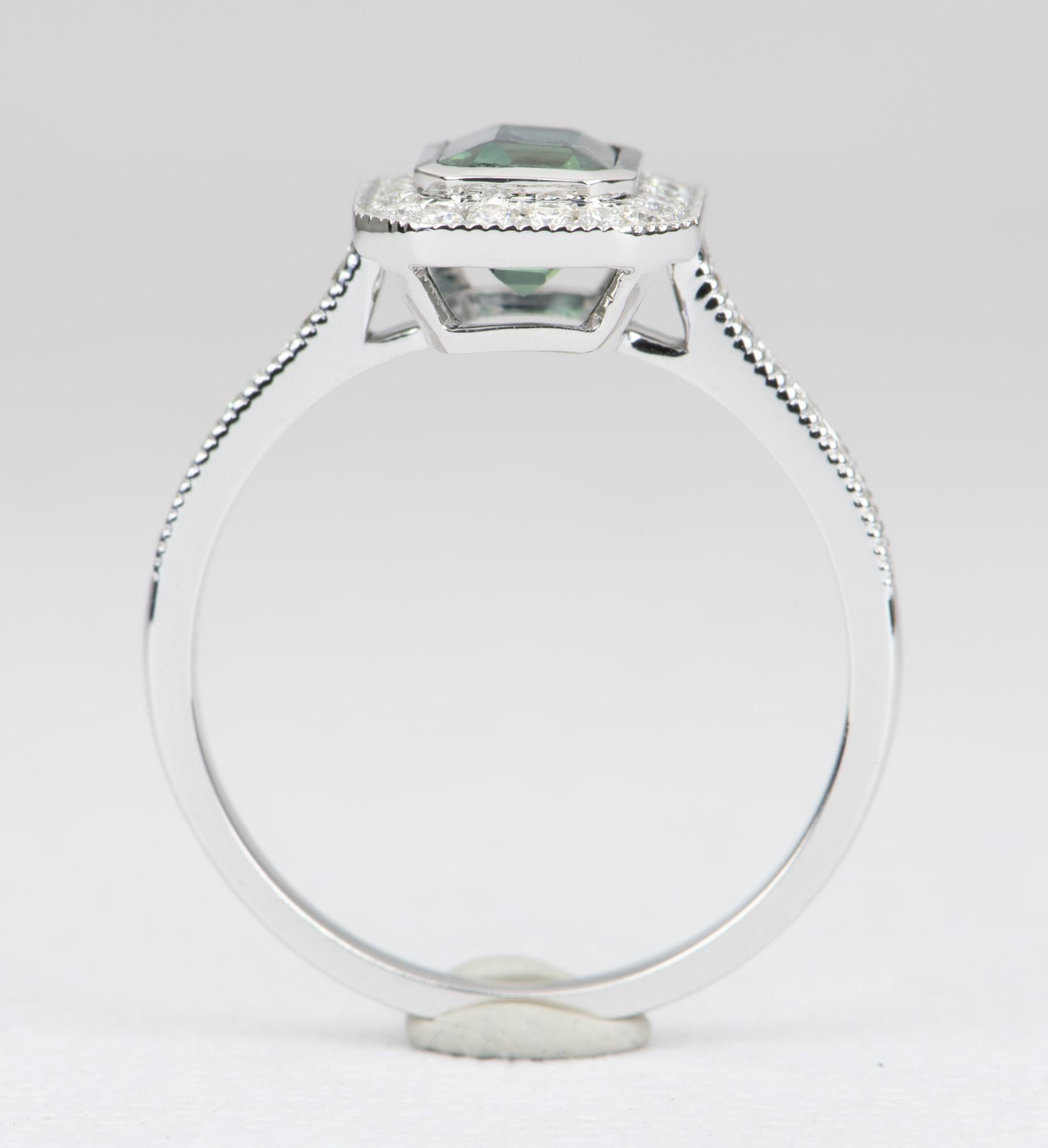Emerald Cut 1.53 Carat Teal Blue Sapphire Diamond Halo 14 Karat White Gold Ring AD1935-2
