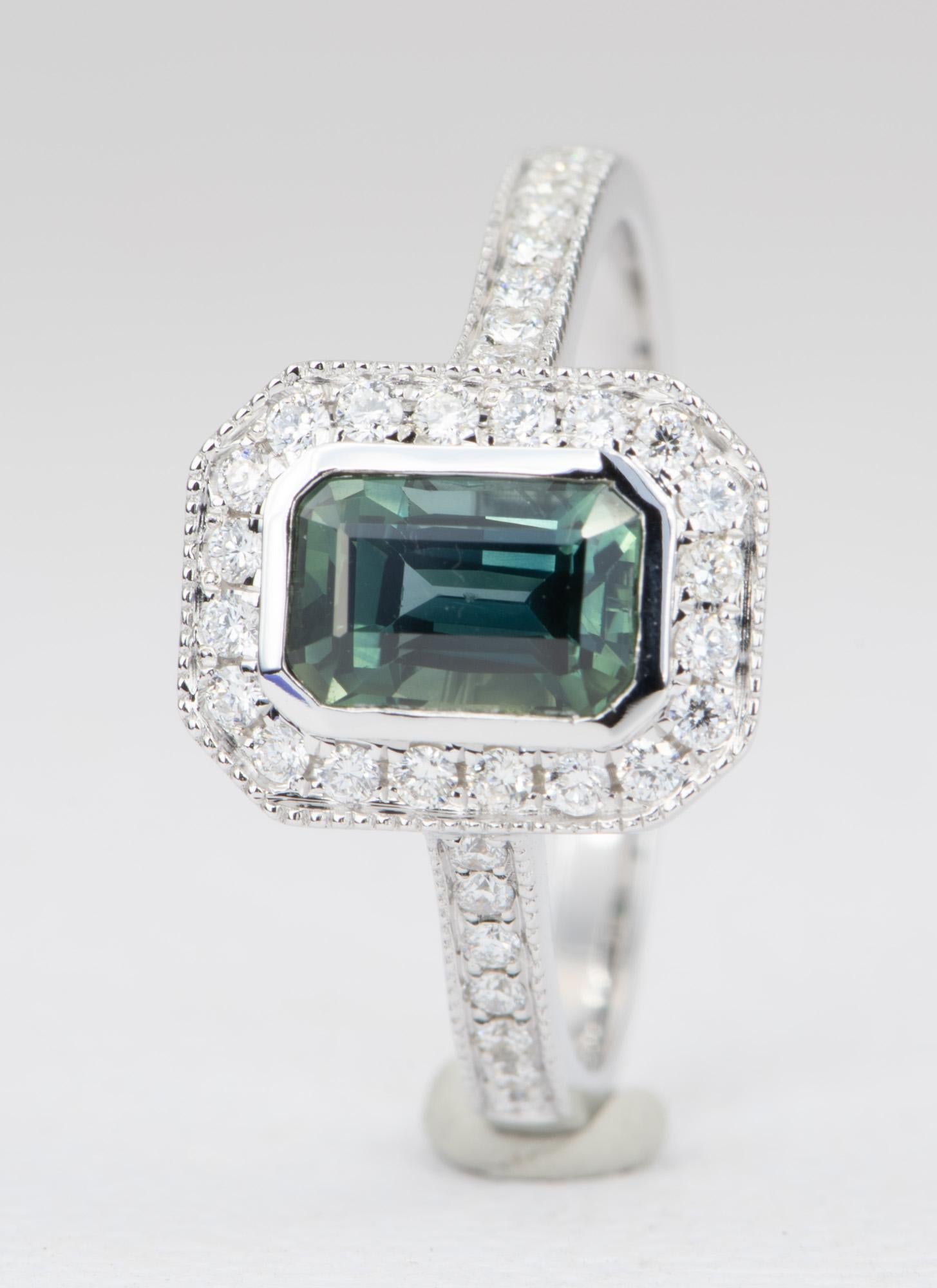 1.53 Carat Teal Blue Sapphire Diamond Halo 14 Karat White Gold Ring AD1935-2 In New Condition In Osprey, FL
