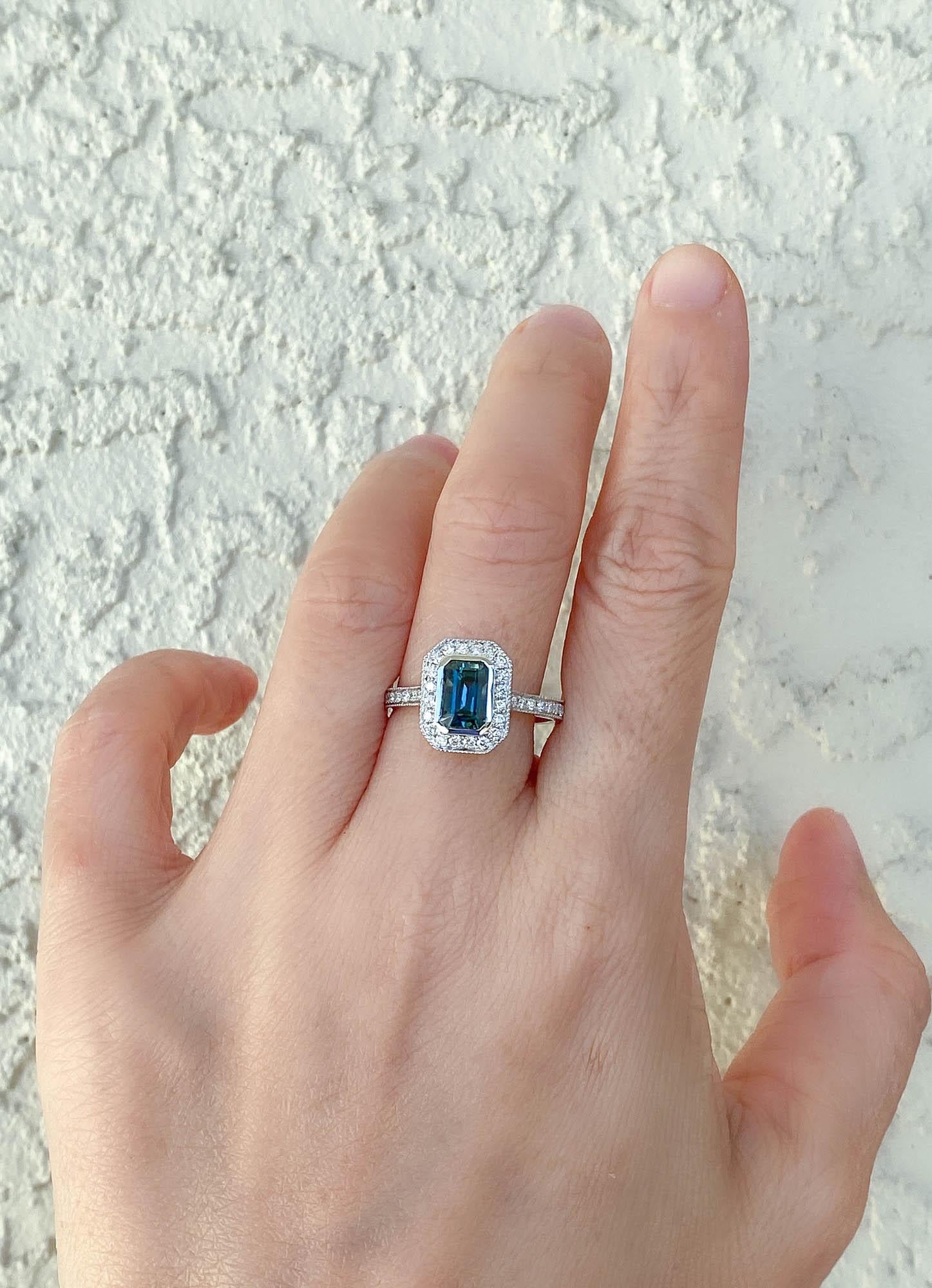 1.53 Carat Teal Blue Sapphire Diamond Halo 14 Karat White Gold Ring AD1935-2 1