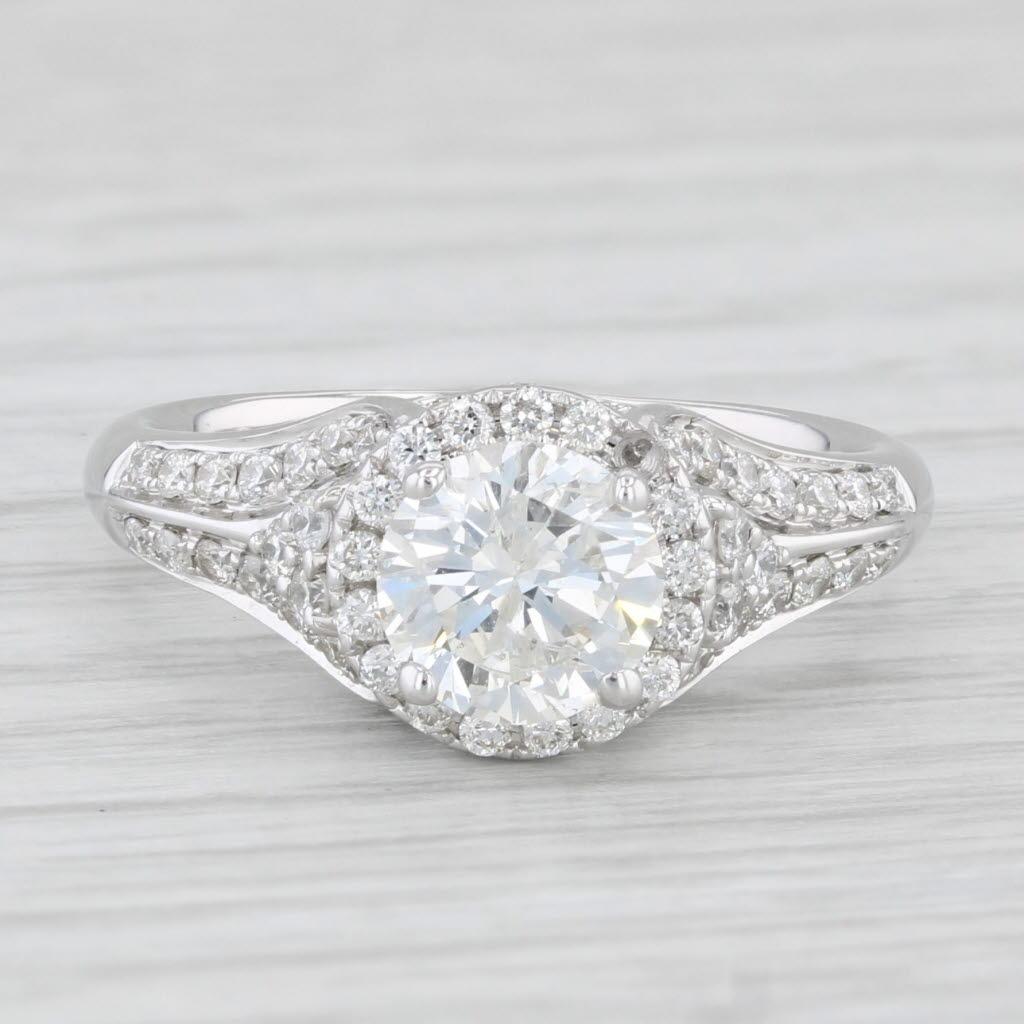 1.53ctw Round Diamond Halo Engagement Ring 14k White Gold Size 6 Demetrios In Good Condition In McLeansville, NC
