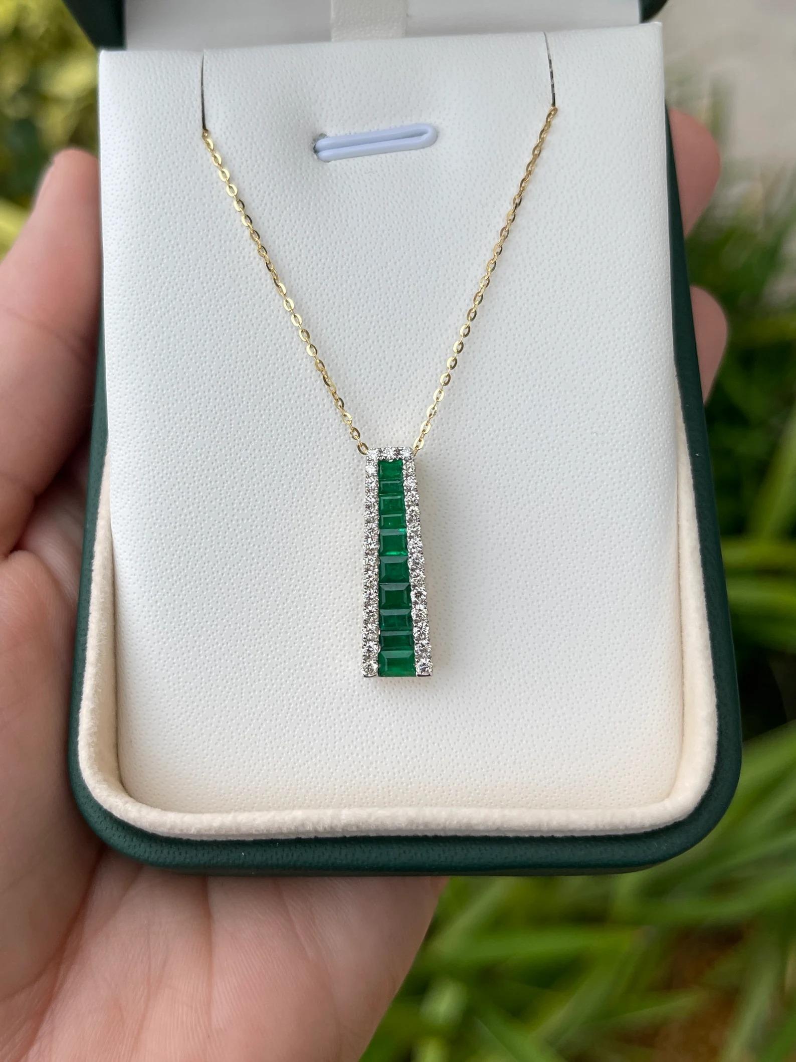 Art Deco 1.53tcw Natural Baguette Channel Set Emerald & Diamond Gold Unisex Pendant 14K For Sale