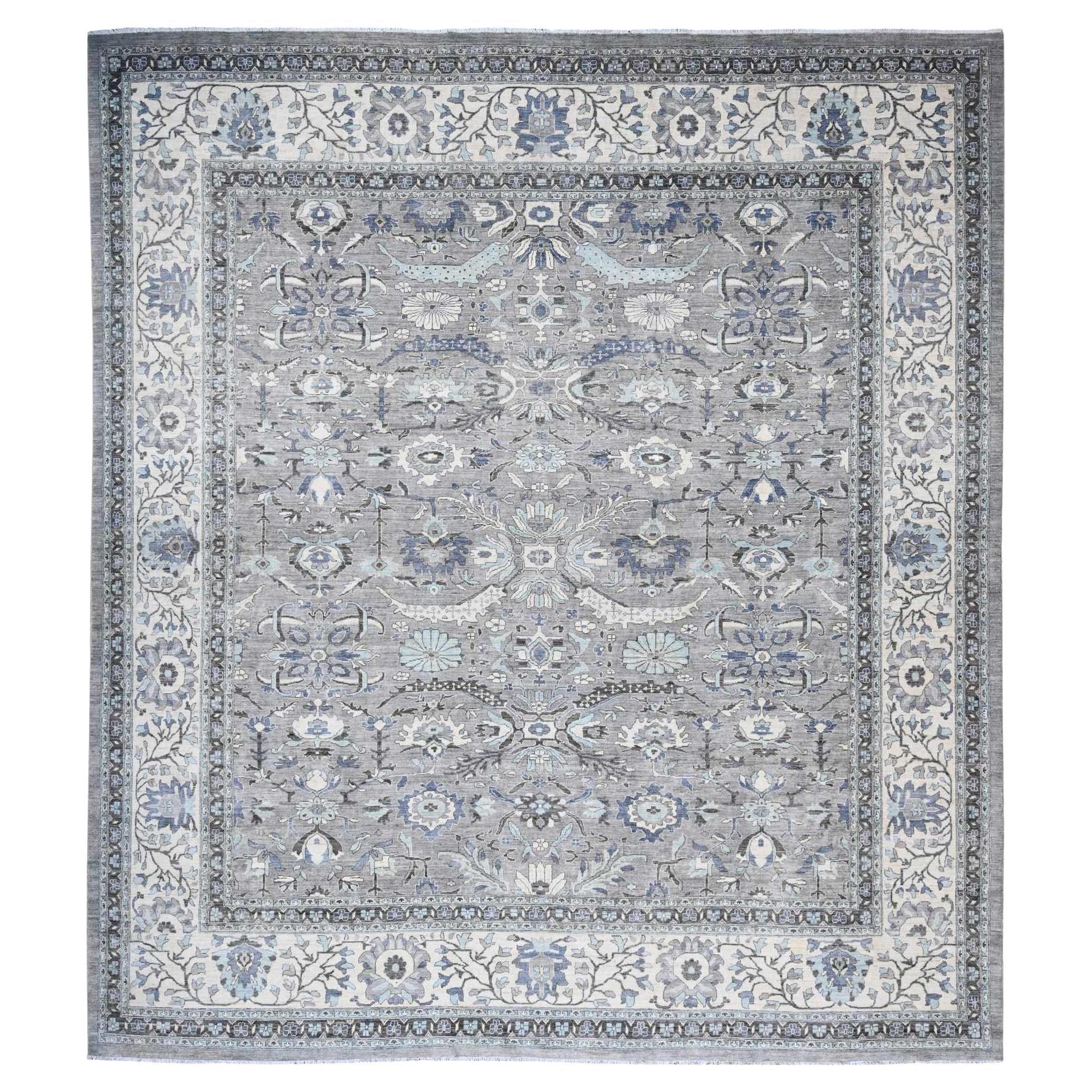 Tapis carré Peshawar Heriz gris pierre, noué à la main 15'3"x15'3"