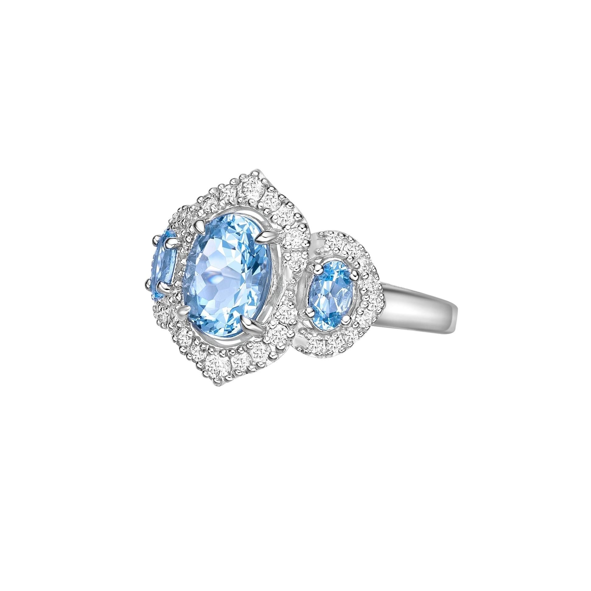 Oval Cut 1.54 Carat Aquamarine Fancy Ring in 18Karat White Gold with White Diamond.   For Sale