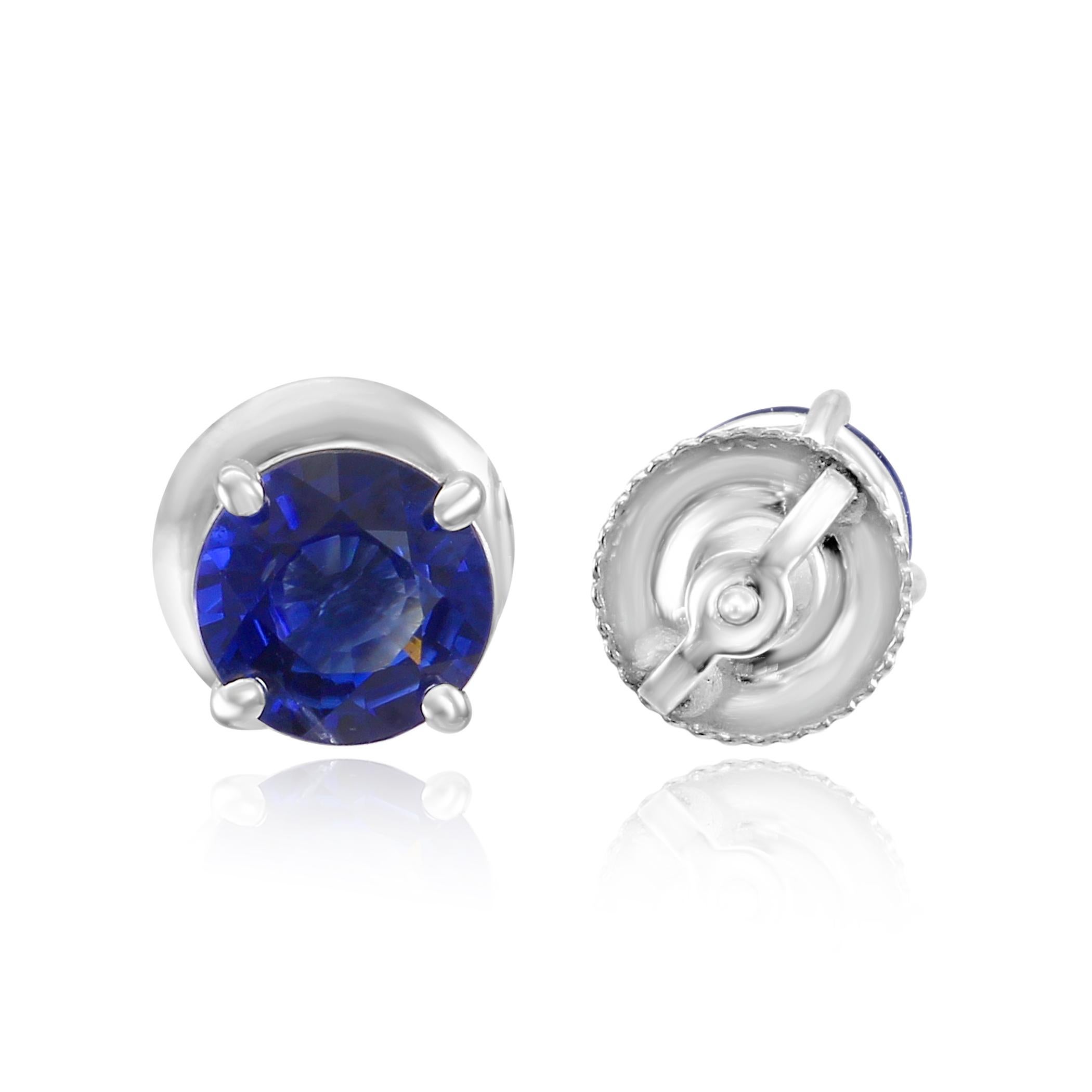 Round Cut 1.54 Carat Blue Sapphire Round 14K White Gold Screw Back Stud Earrings