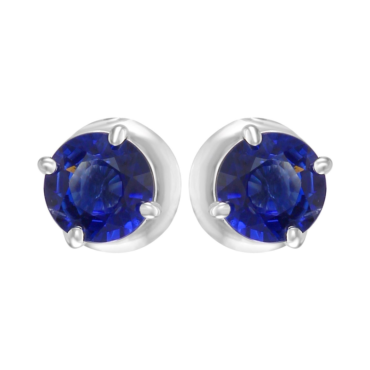 1.54 Carat Blue Sapphire Round 14K White Gold Screw Back Stud Earrings