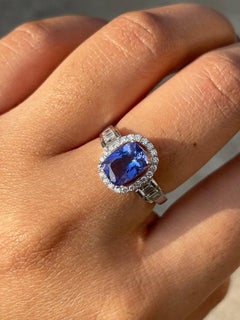 1.54 Carat Cushion Cut Tanzanite & Diamond Halo Wedding Ring in 18k White Gold