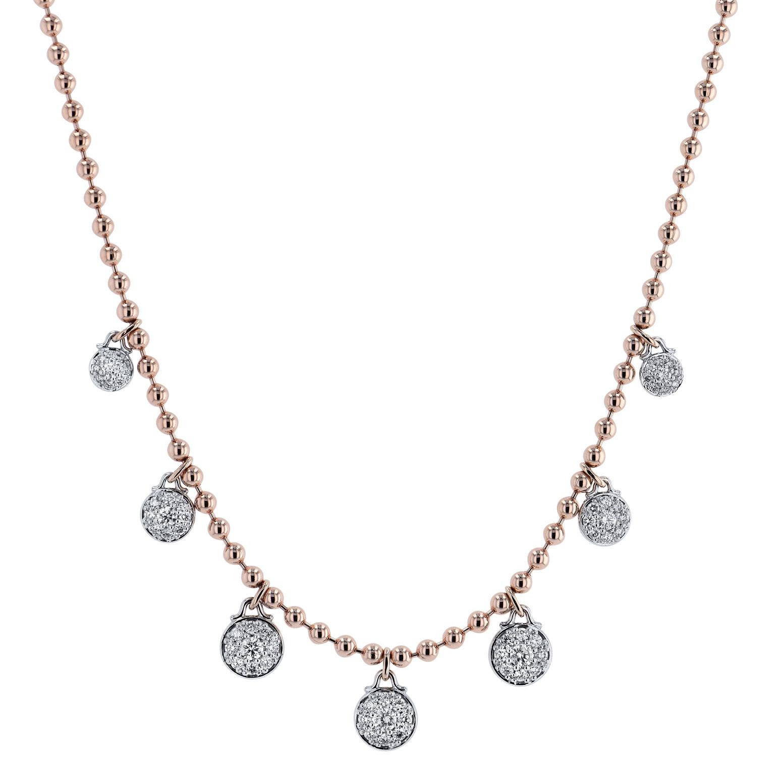 1.54 Carat Diamond Bezel-Set Swivel Drop Necklace

Exude flirty, fun with this 14 karat rose gold necklace featuring seven bezel-set drop diamonds on swivel. With a total weight of 1.54 carat and strung on 15.5 inch chain, make way for your new