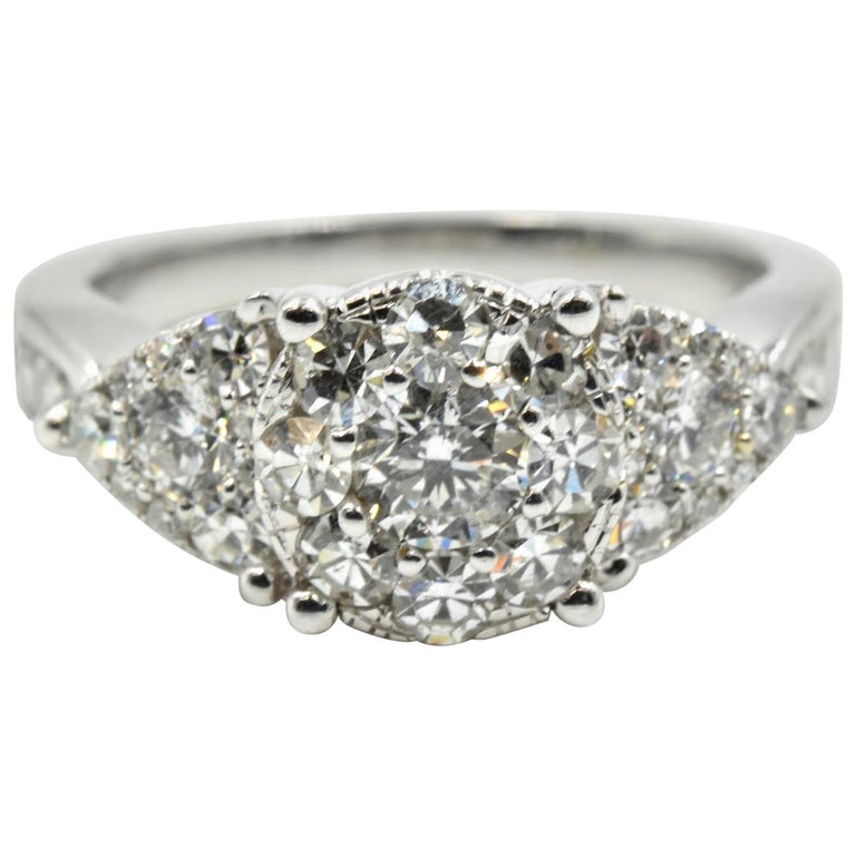 1.54 Carat Diamond Cluster Engagement Ring 14 Karat White Gold For Sale