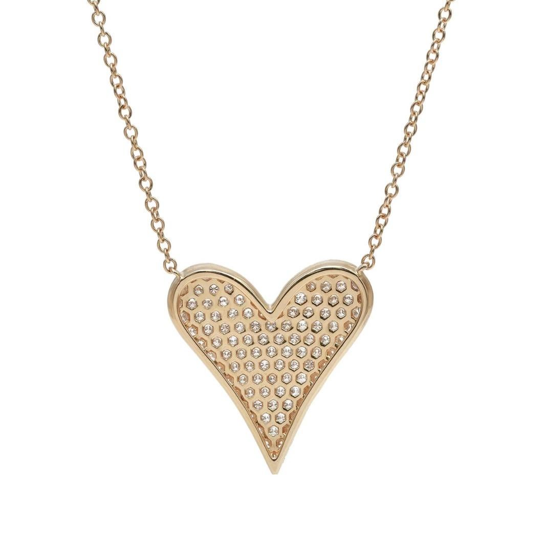 1.54 Carat Diamond Pavé Set Heart Pendent Necklace 18K Yellow Gold In New Condition In New York, NY