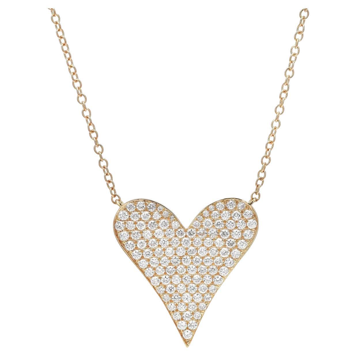 1.54 Carat Diamond Pavé Set Heart Pendent Necklace 18K Yellow Gold  For Sale