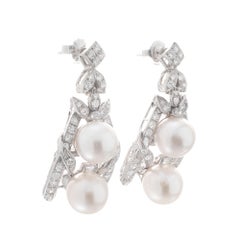 1.54 Carat Diamond Pearl White Gold Midcentury Dangle Earrings