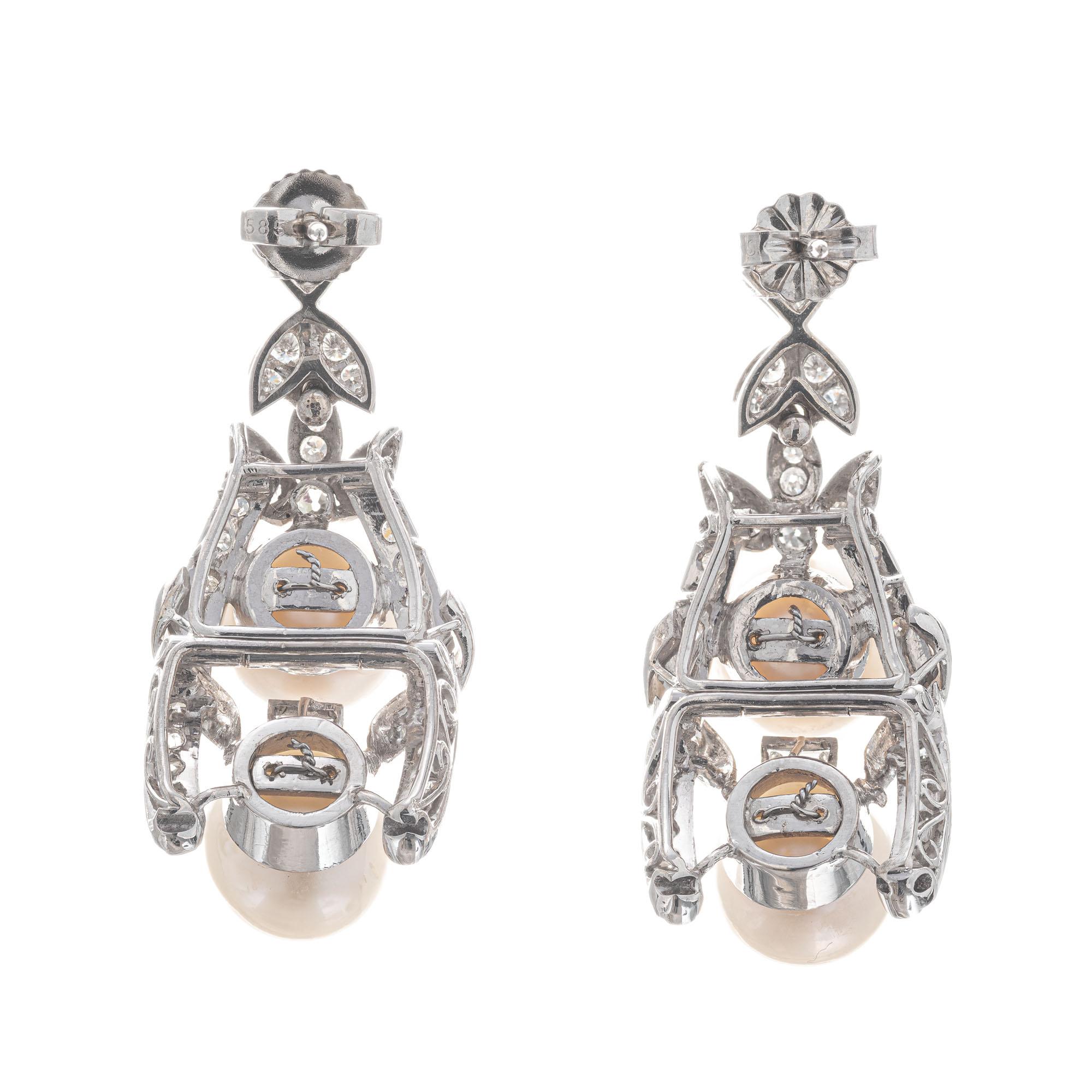 Round Cut 1.54 Carat Diamond Pearl White Gold Midcentury Dangle Earrings For Sale
