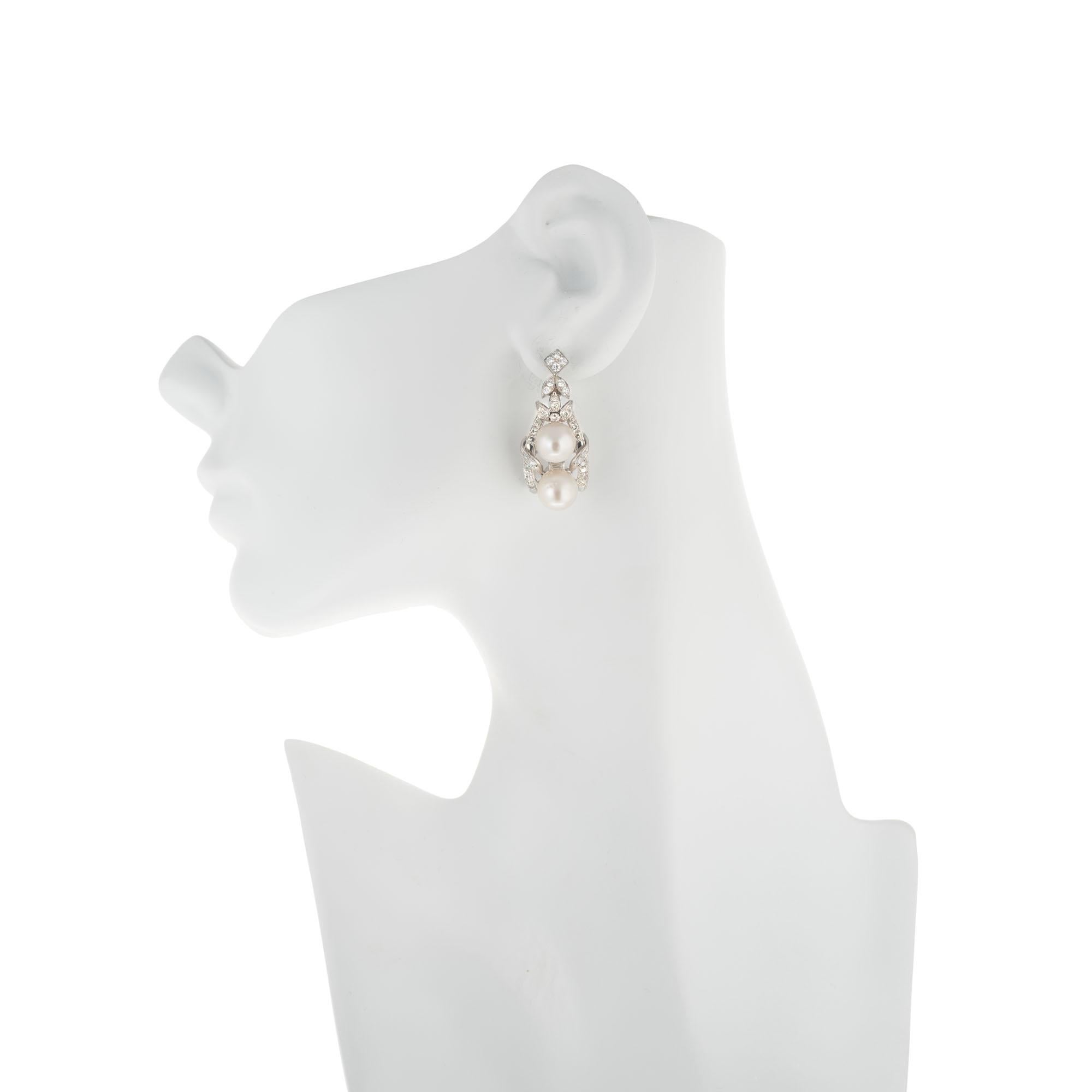 1,54 Karat Diamant Perle Weißgold Midcentury-Ohrringe im Zustand „Gut“ im Angebot in Stamford, CT