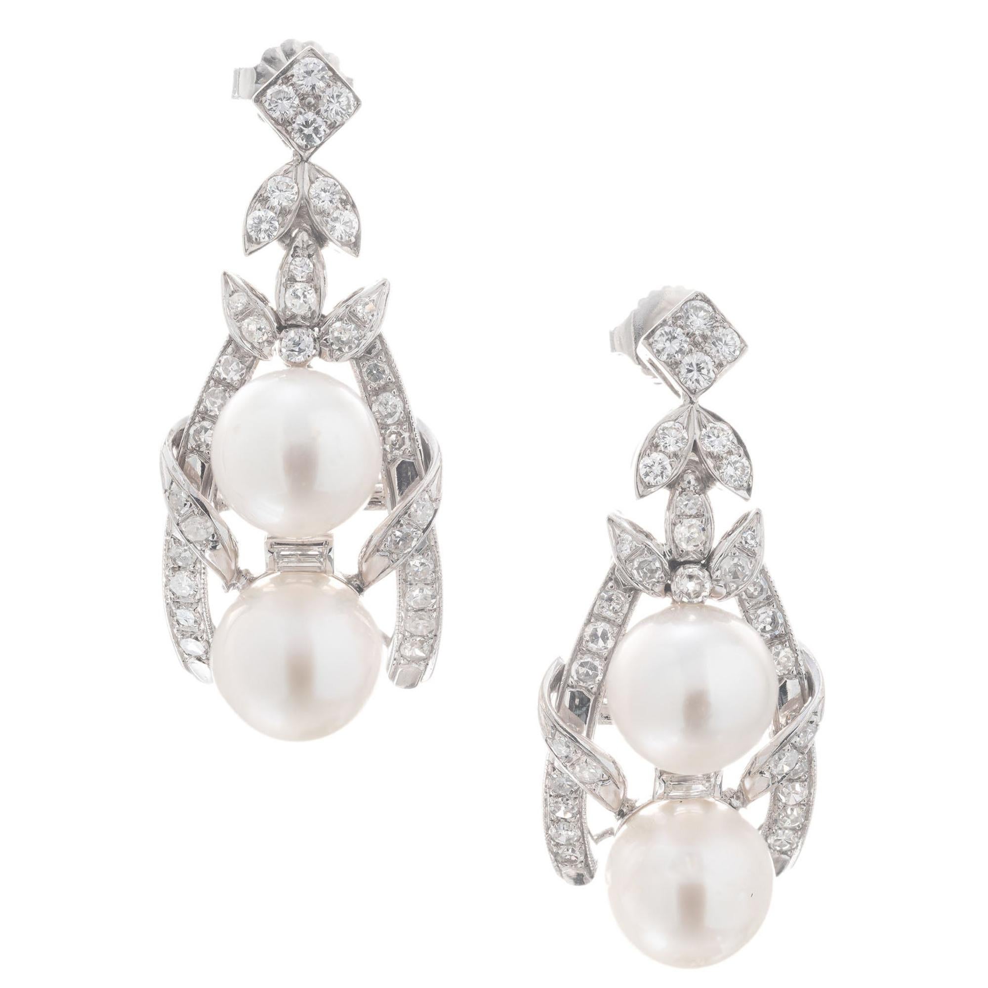 1.54 Carat Diamond Pearl White Gold Midcentury Dangle Earrings