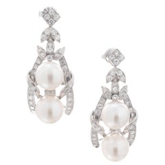 Pendants d'oreilles en or blanc avec perles et diamants de 1,54 carat, milieu du siècle dernier