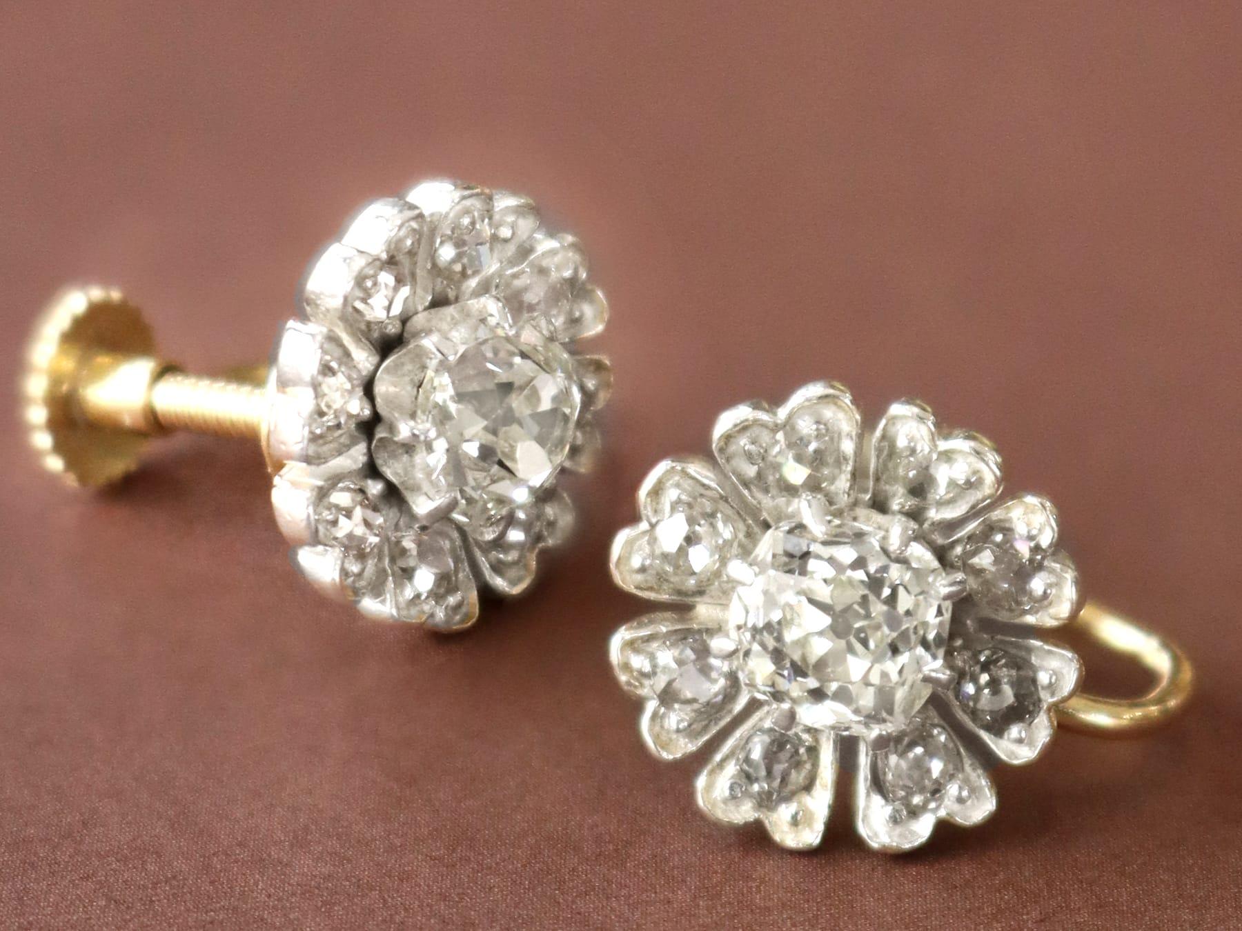 Taglio antico europeo Orecchini a grappolo con diamanti da 1,54 carati, argento e oro giallo 9k Circa 1880 in vendita