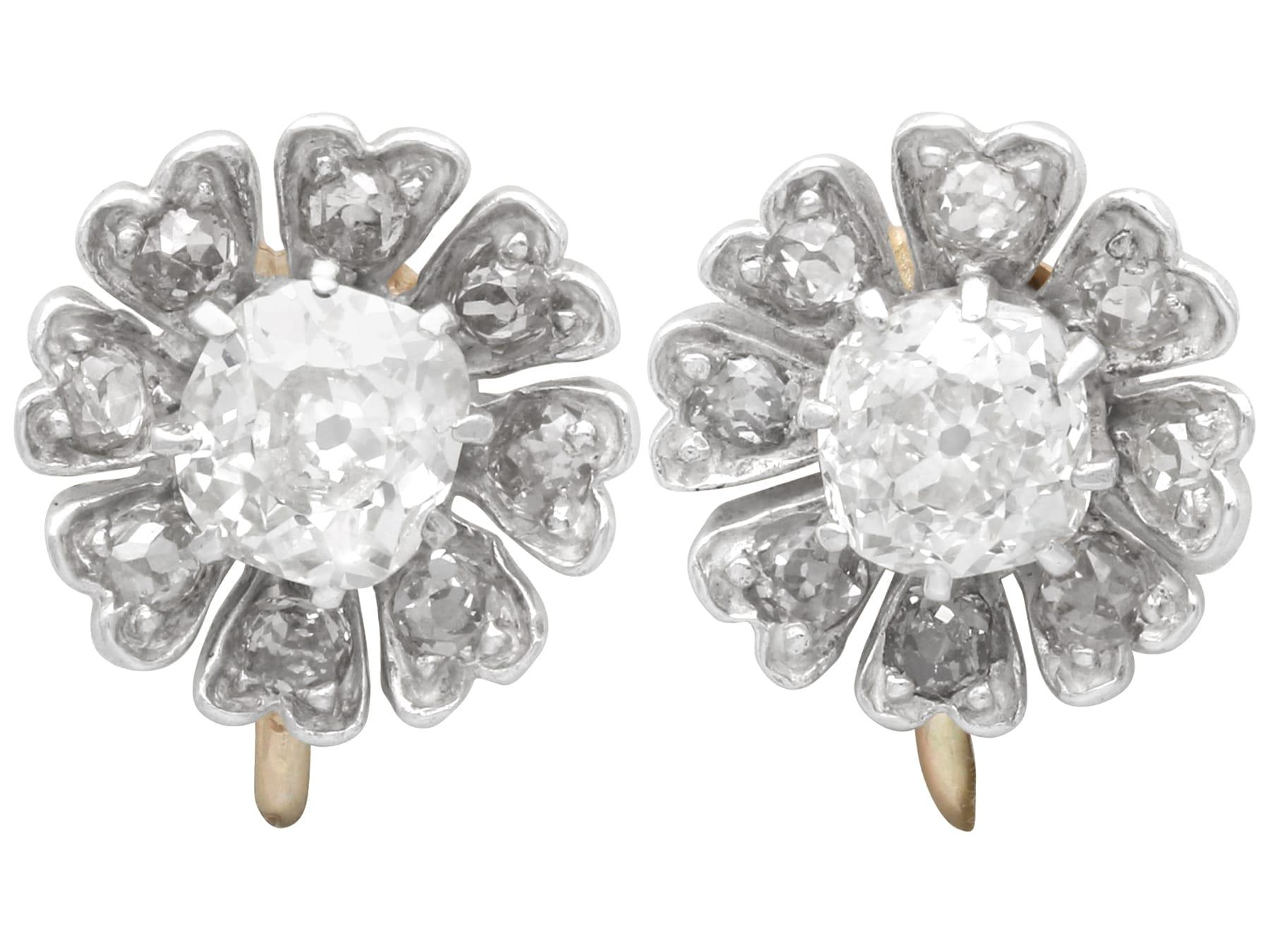 Boucles d'oreilles en argent et or jaune 9k, diamant de 1,54 carat et grappe florale Circa 1880