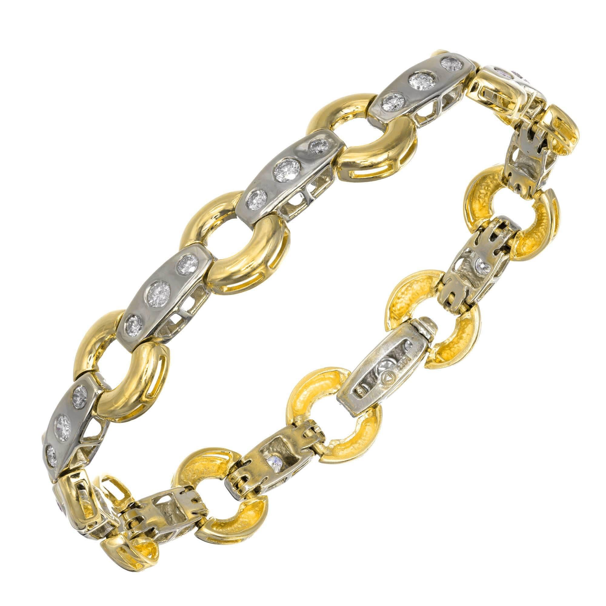 2.20 Carat Diamond Two-Tone Gold Circle Bar Link Bracelet For Sale