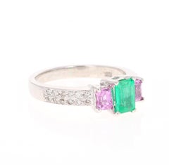 1.54 Carat Emerald Pink Sapphire Diamond White Gold Three-Stone Ring