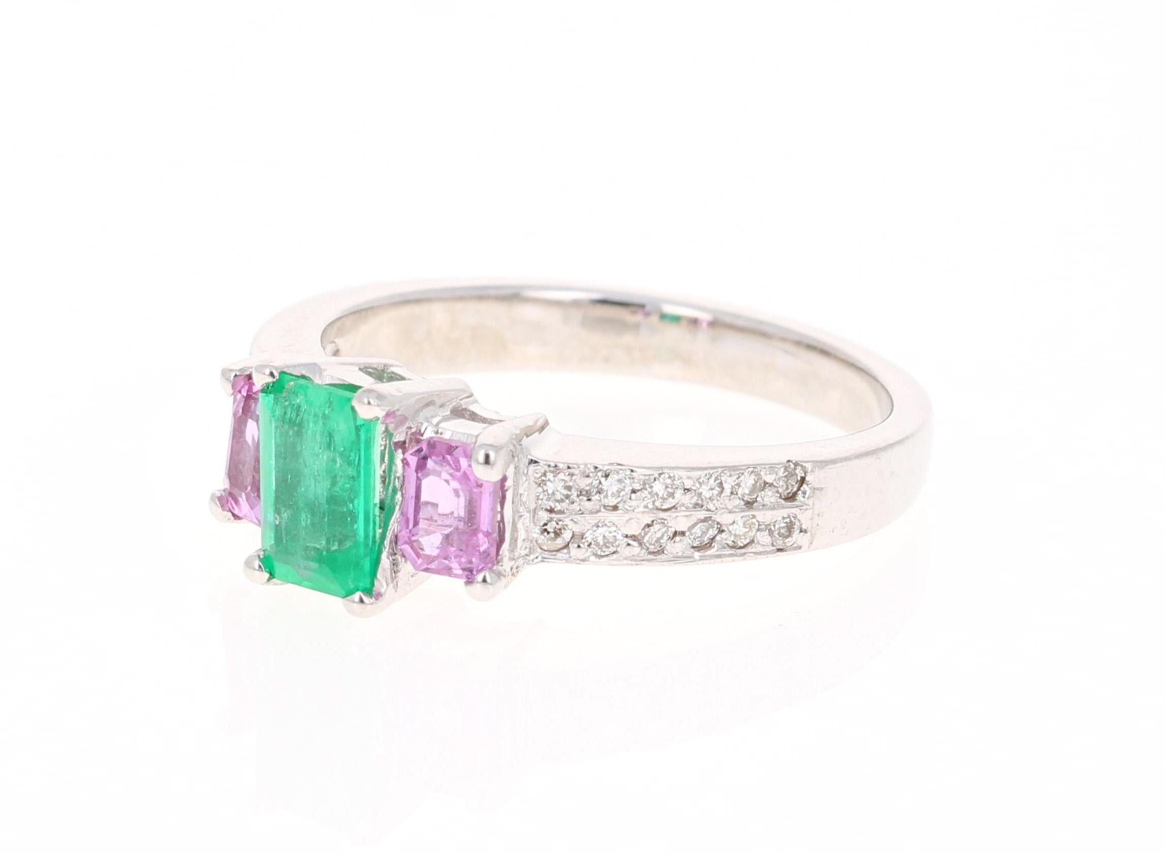 Contemporary 1.54 Carat Emerald Pink Sapphire Diamond White Gold Three-Stone Ring For Sale