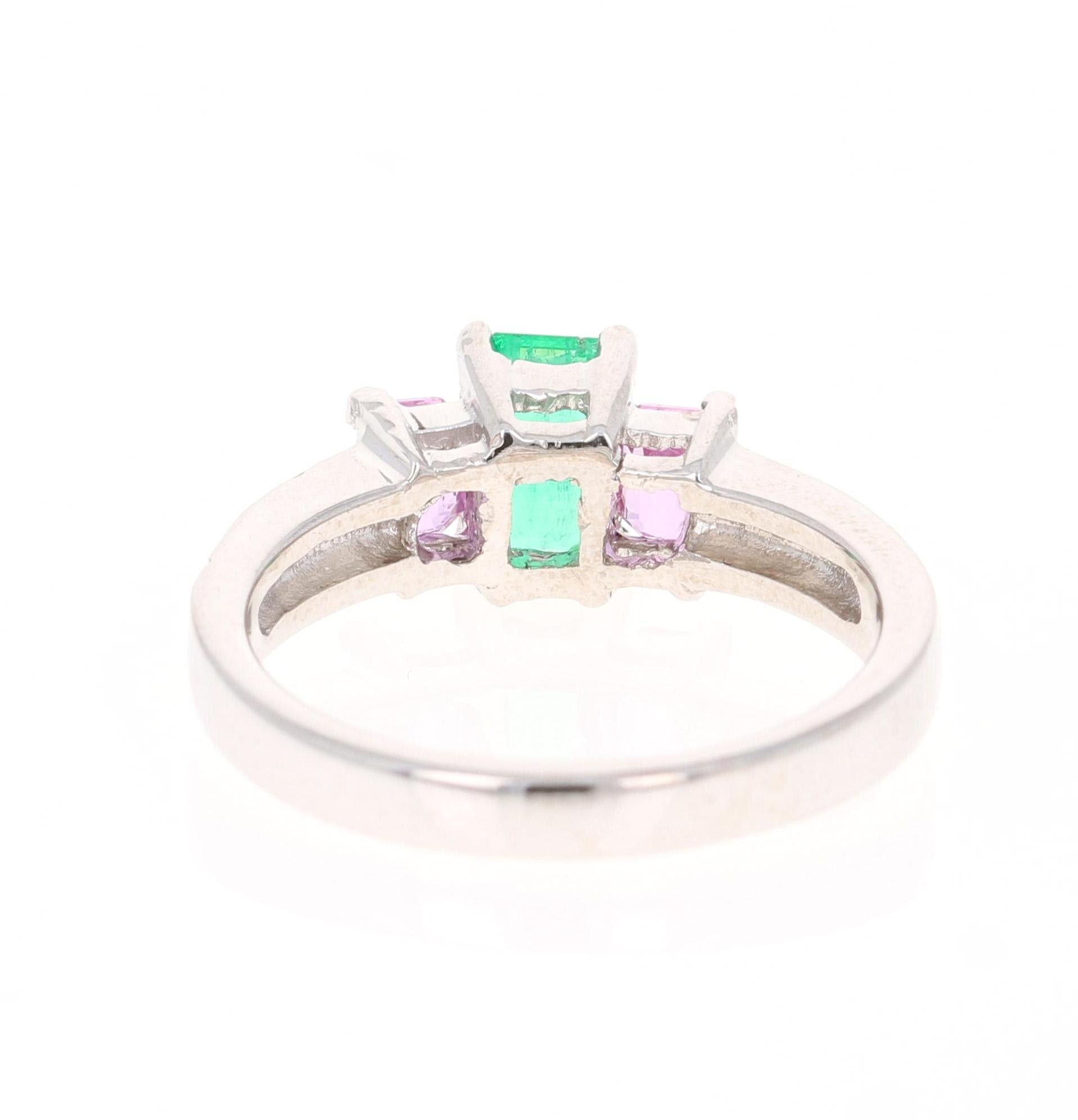 Emerald Cut 1.54 Carat Emerald Pink Sapphire Diamond White Gold Three-Stone Ring For Sale