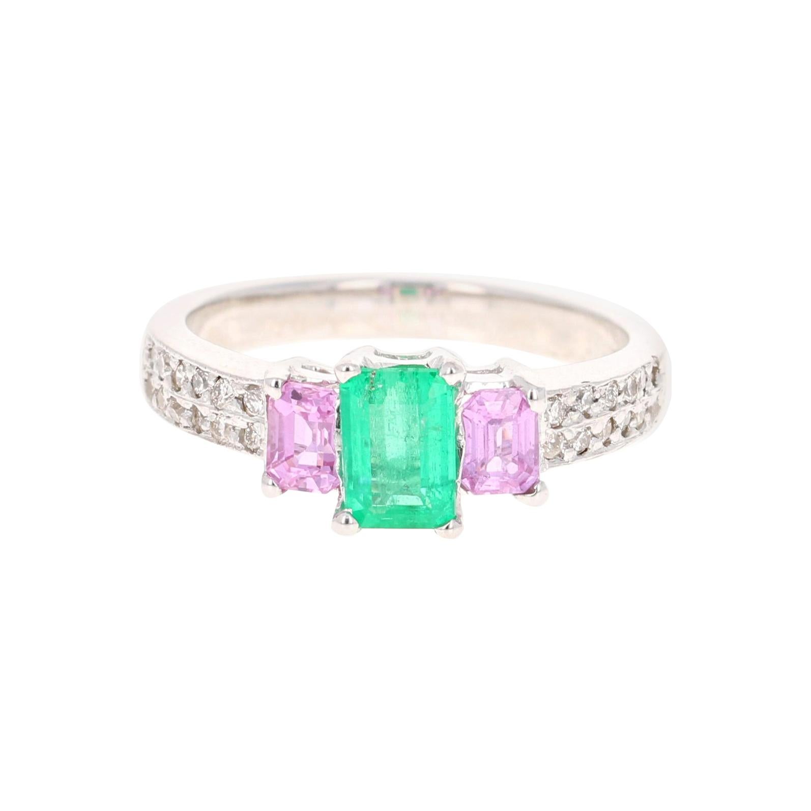 1.54 Carat Emerald Pink Sapphire Diamond White Gold Three-Stone Ring For Sale