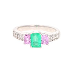 1.54 Carat Emerald Pink Sapphire Diamond 14 Karat White Gold Three-Stone Ring